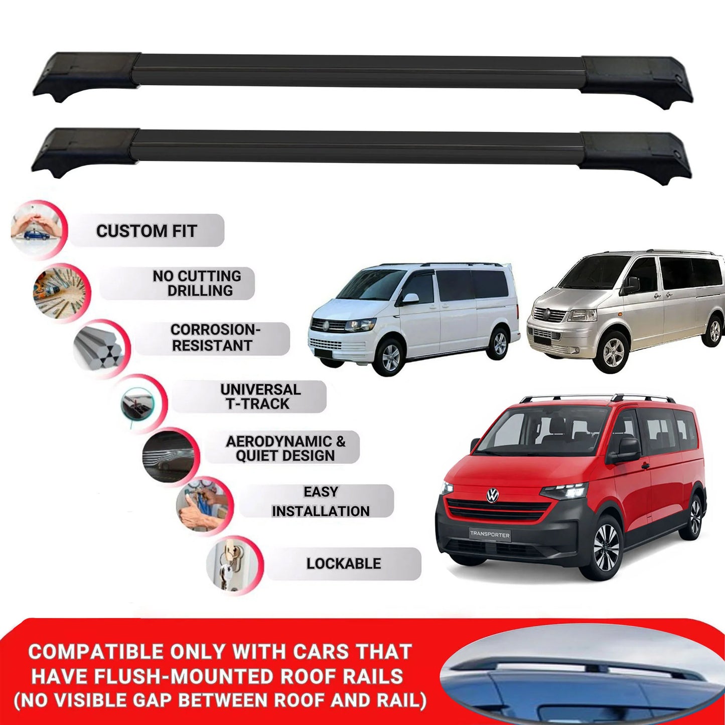 2X Car Roof Rack for Vw Transporter T5/T6/T7 2003-2026 Lockable Roof Bars Black