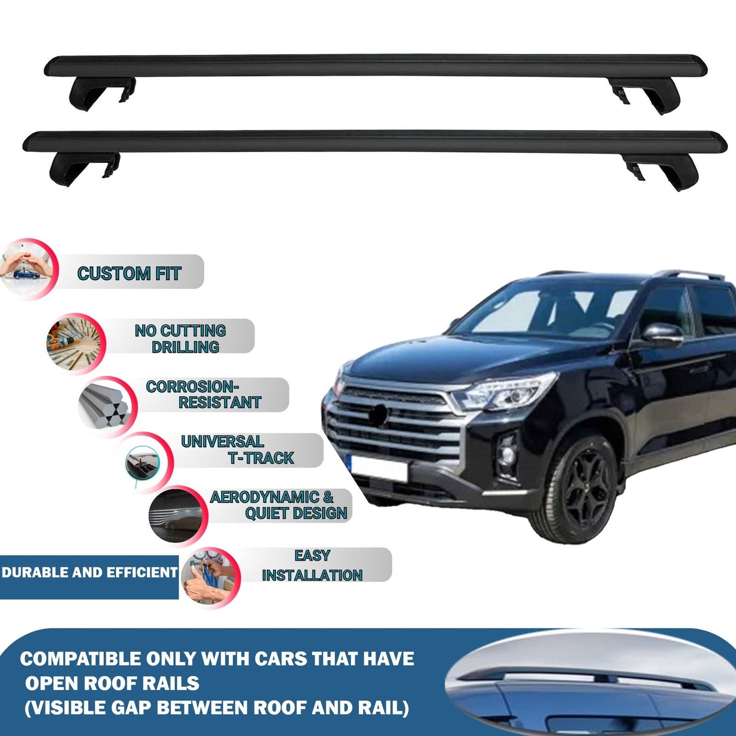 Roof Rack Cross Bars for Ssangyong Musso Rhino 2018-2023 Rail Carrier for Roof Tents 2 Pcs Black