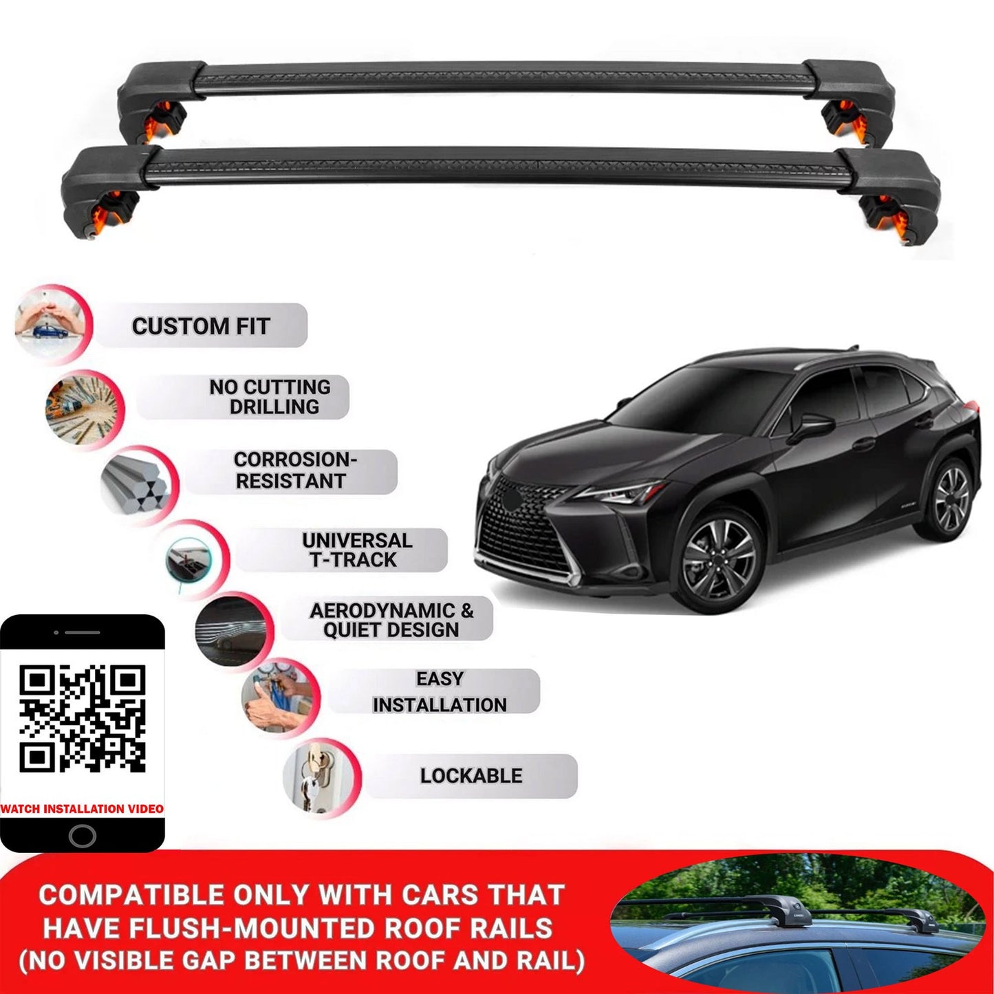 Premium Roof Bars For Lexus Ux-Series Suv 2019+ Secure Roof Rack Cross Bar 2 Pcs Black