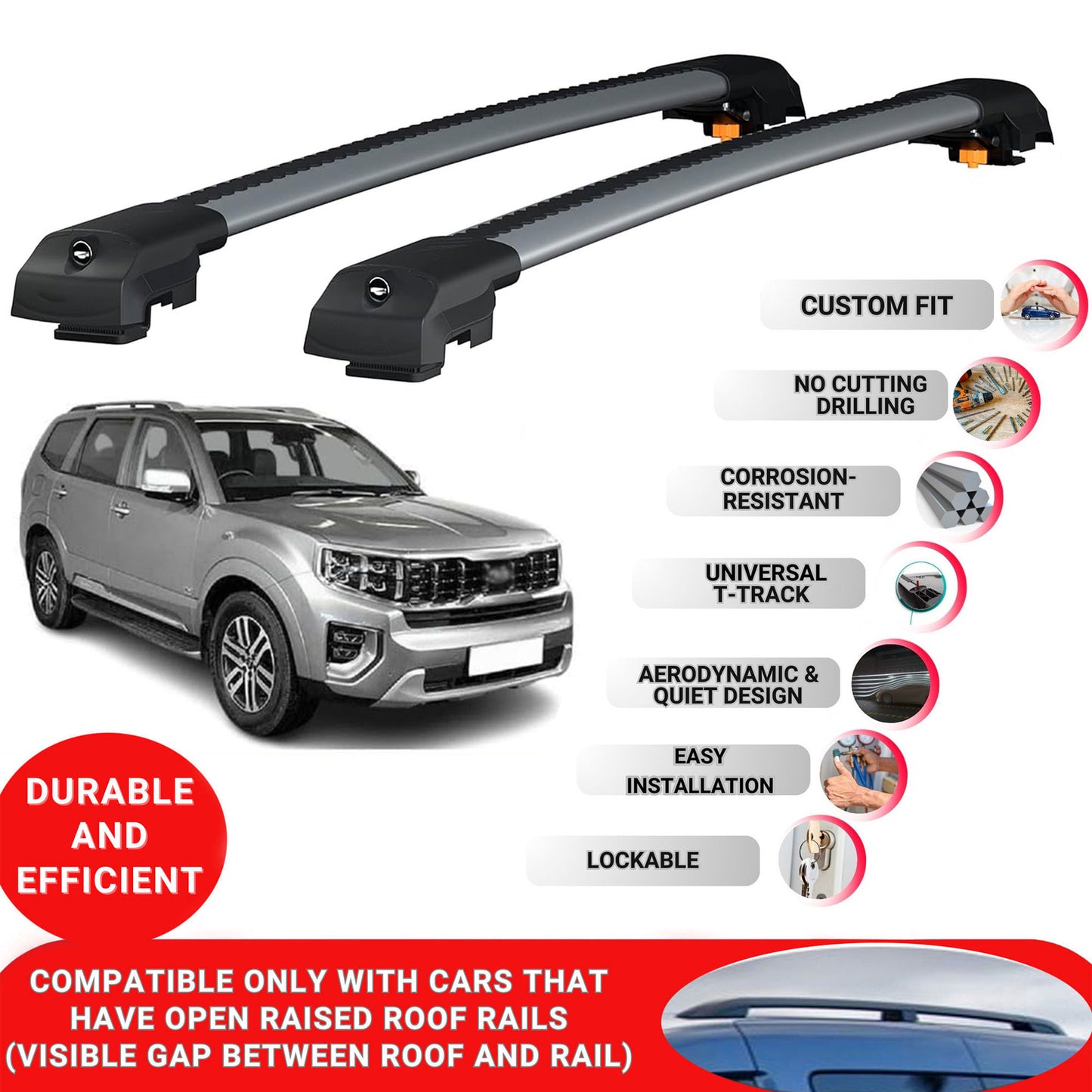 Roof Bar for Kia Mohave (Hm2) 2020-2024 Lockable Roof Rack Cross Bars 2 Pcs Grey