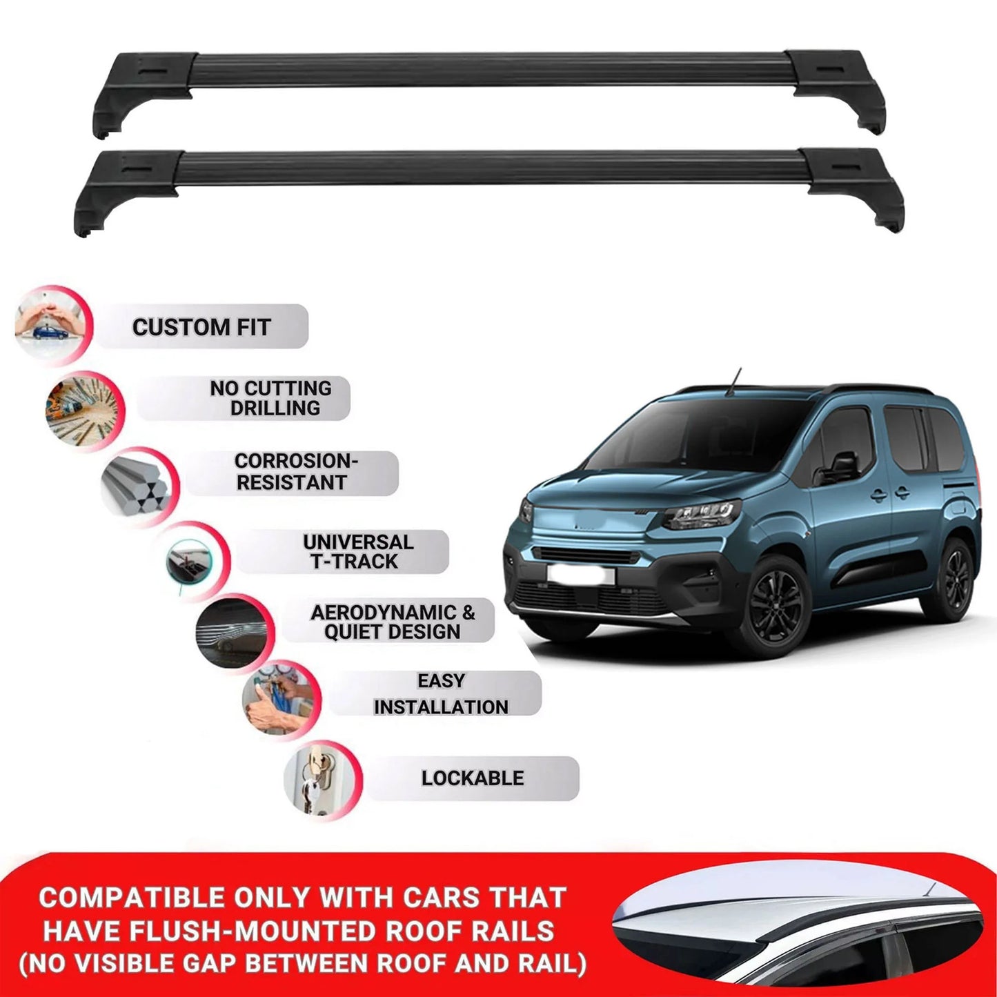 2X Car Roof Bars for Fiat Doblo K9 2022+ Lockable Roof Rack Cross Bars Black