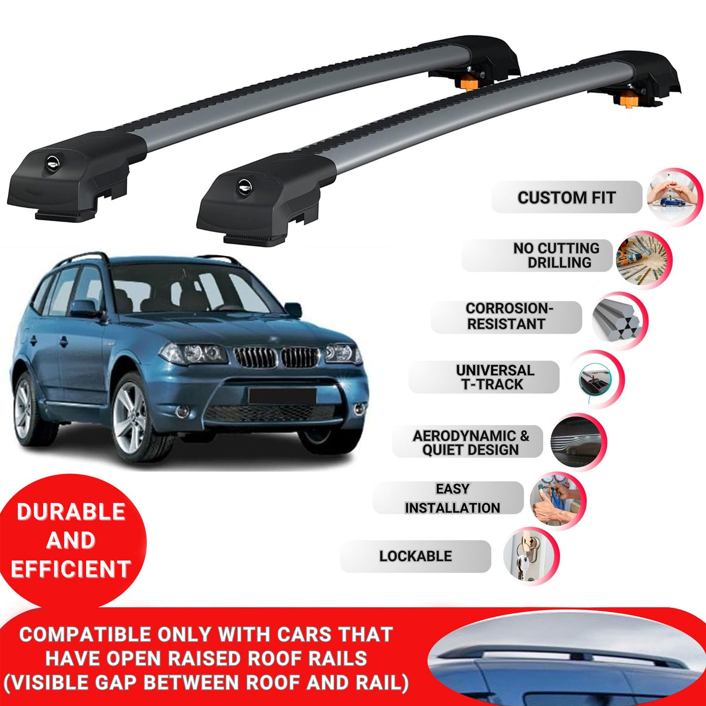 Roof Bar for Bmw X3 E83 2003-2010 Lockable Roof Rack Cross Bars 2 Pcs Grey