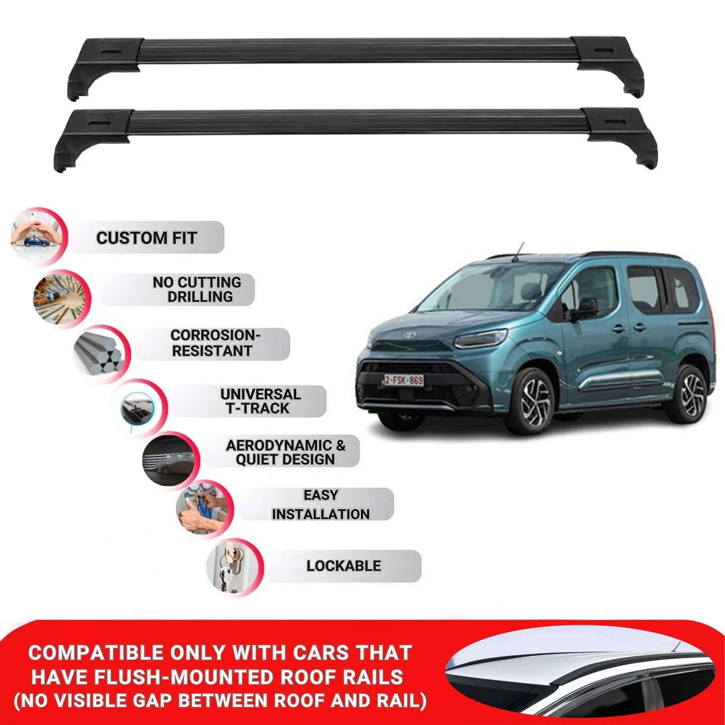 2X Car Roof Bars for Toyota Proace City 2019+ Lockable Roof Rack Cross Bar Black