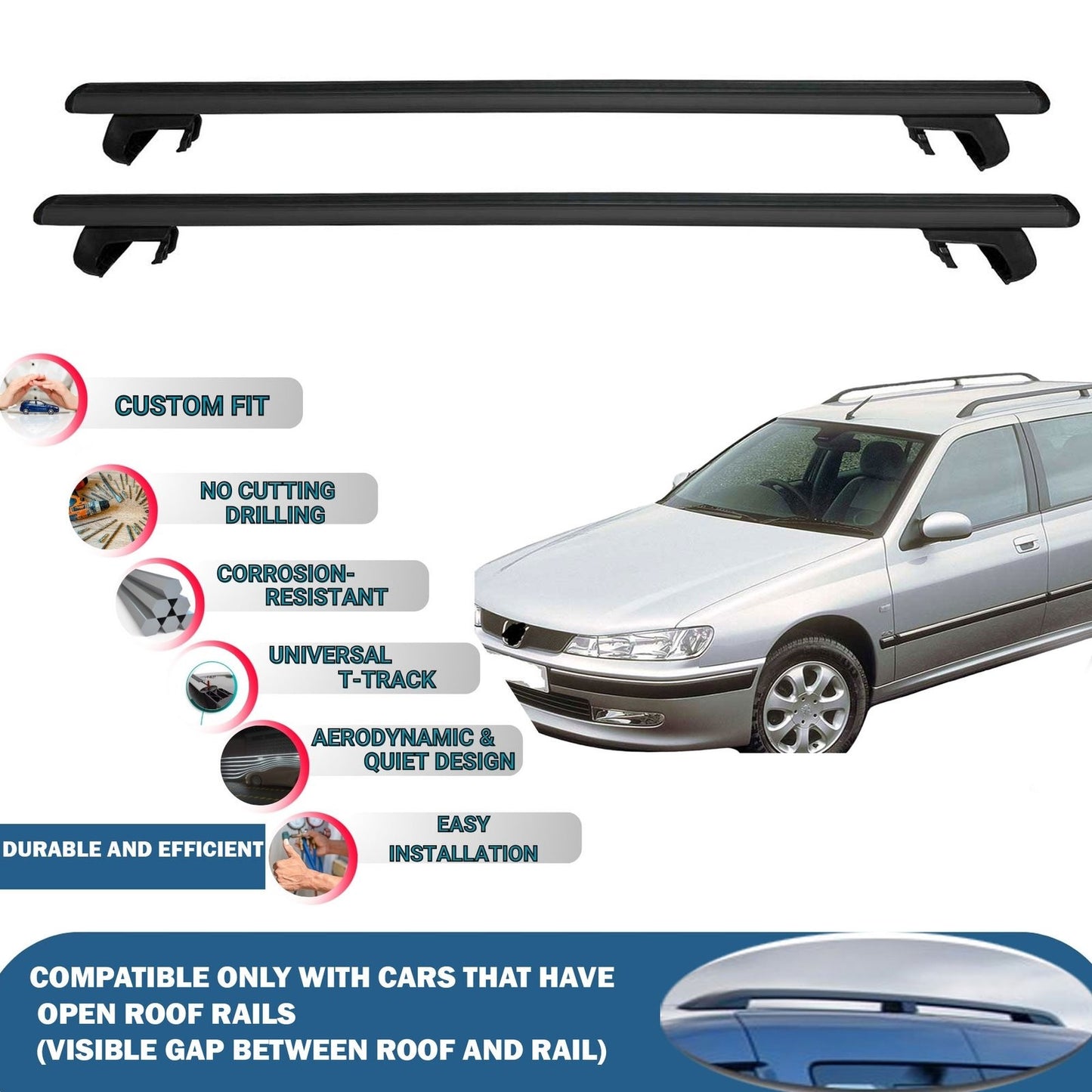 Roof Rack Cross Bars for Peugeot 406 Estate 1999-2005 Rail Carrier for Roof Tents 2 Pcs Black