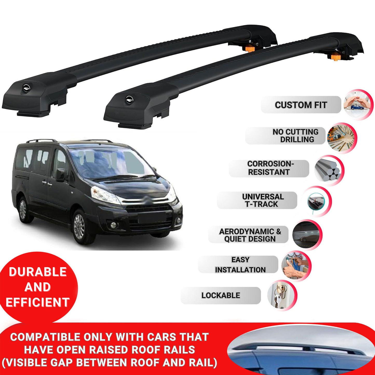 Roof Bar for Citroen Jumpy (Mk2) 2006-2016 Lockable Roof Rack Cross Bars 2 Pcs Black