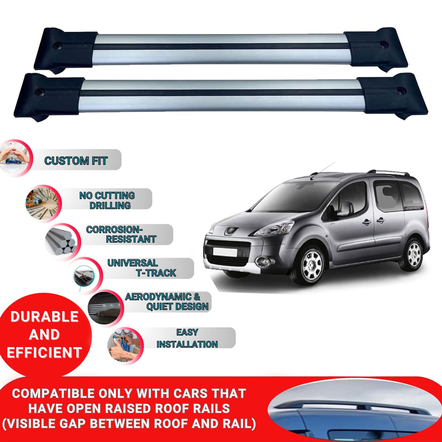 Roof Racks Cross Bars For Peugeot Partner Tepee 2008-2018 4 Pcs Grey