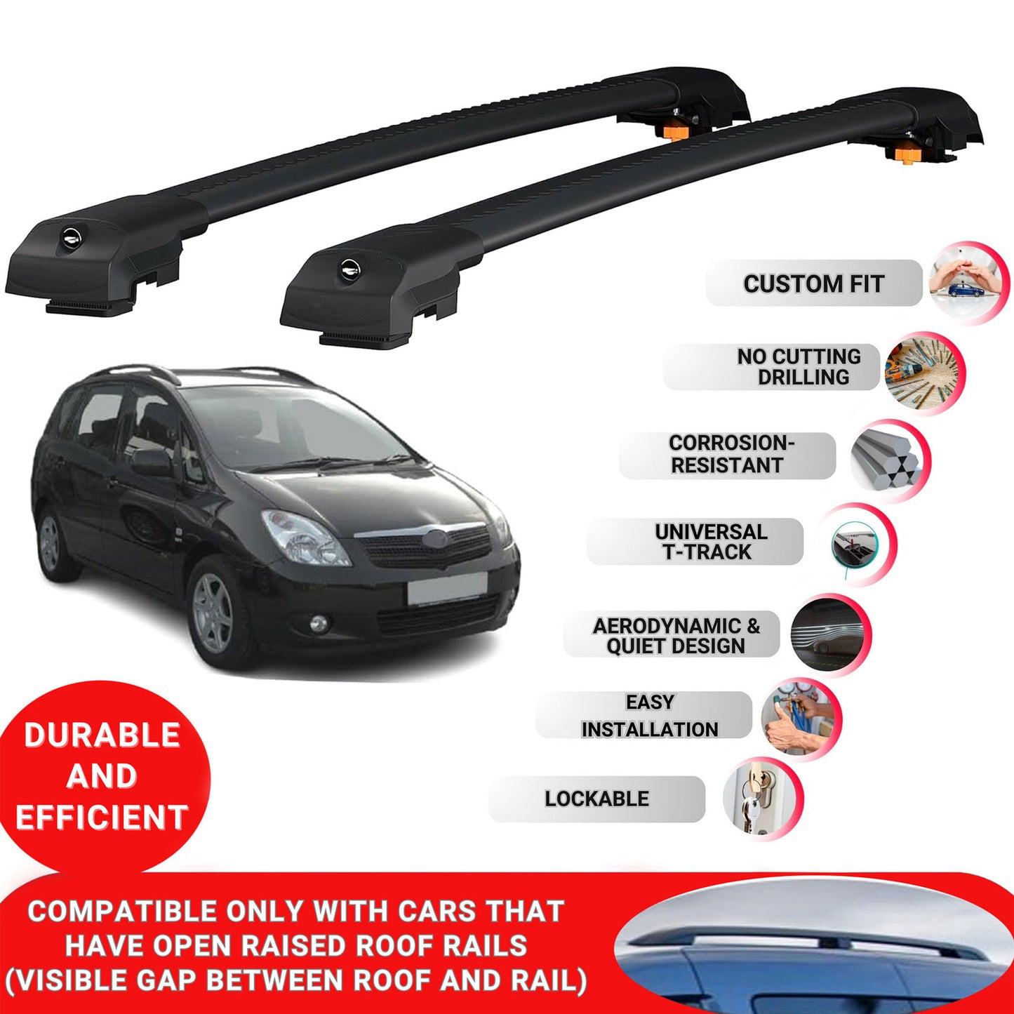 Roof Bar for Toyota Corolla Spacio E120 2001-07 Lockable Roof Rack Cross Bars 2 Pcs Black