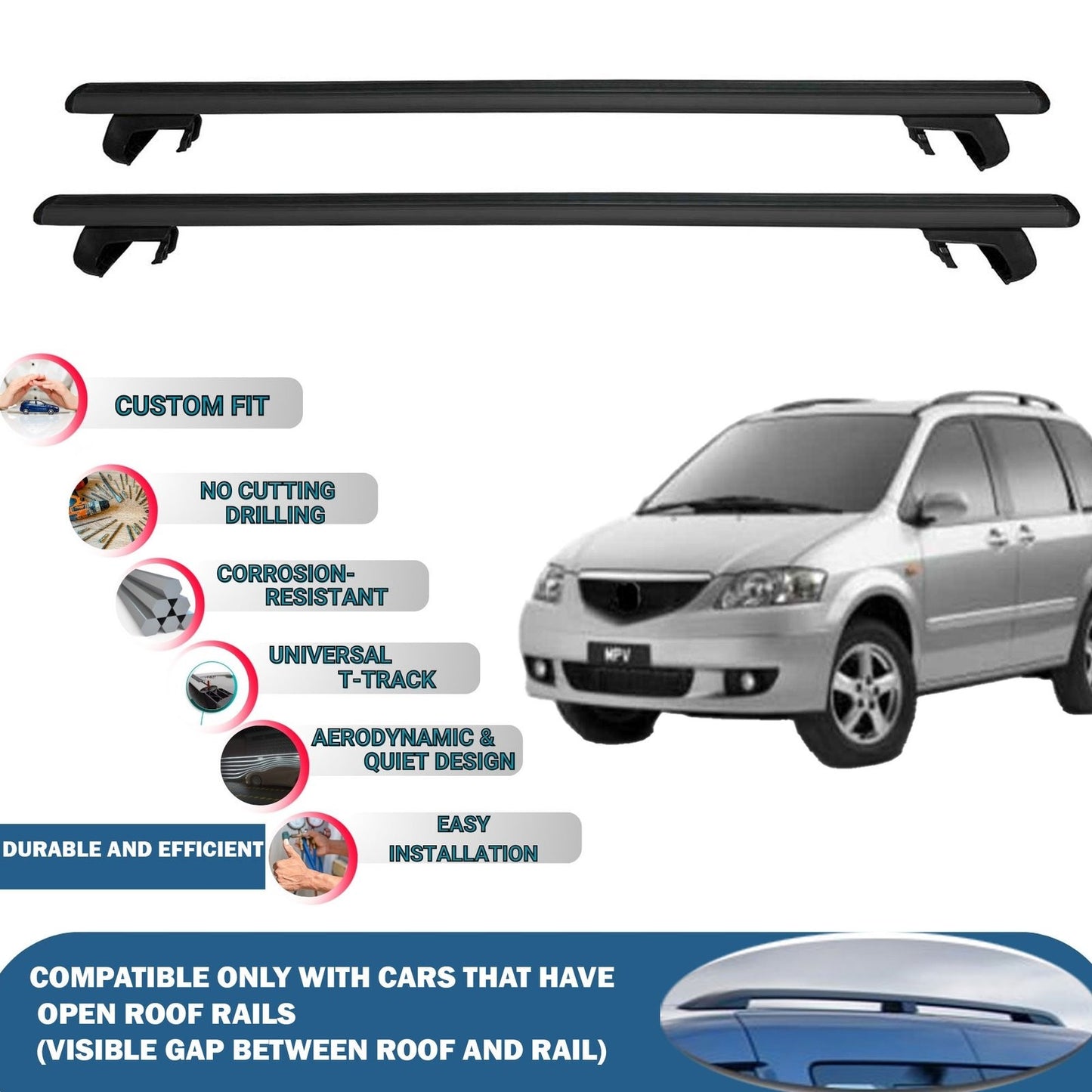 Roof Rack Cross Bars for Mazda Mpv 1999-2006 Rail Carrier for Roof Tents 2 Pcs Black