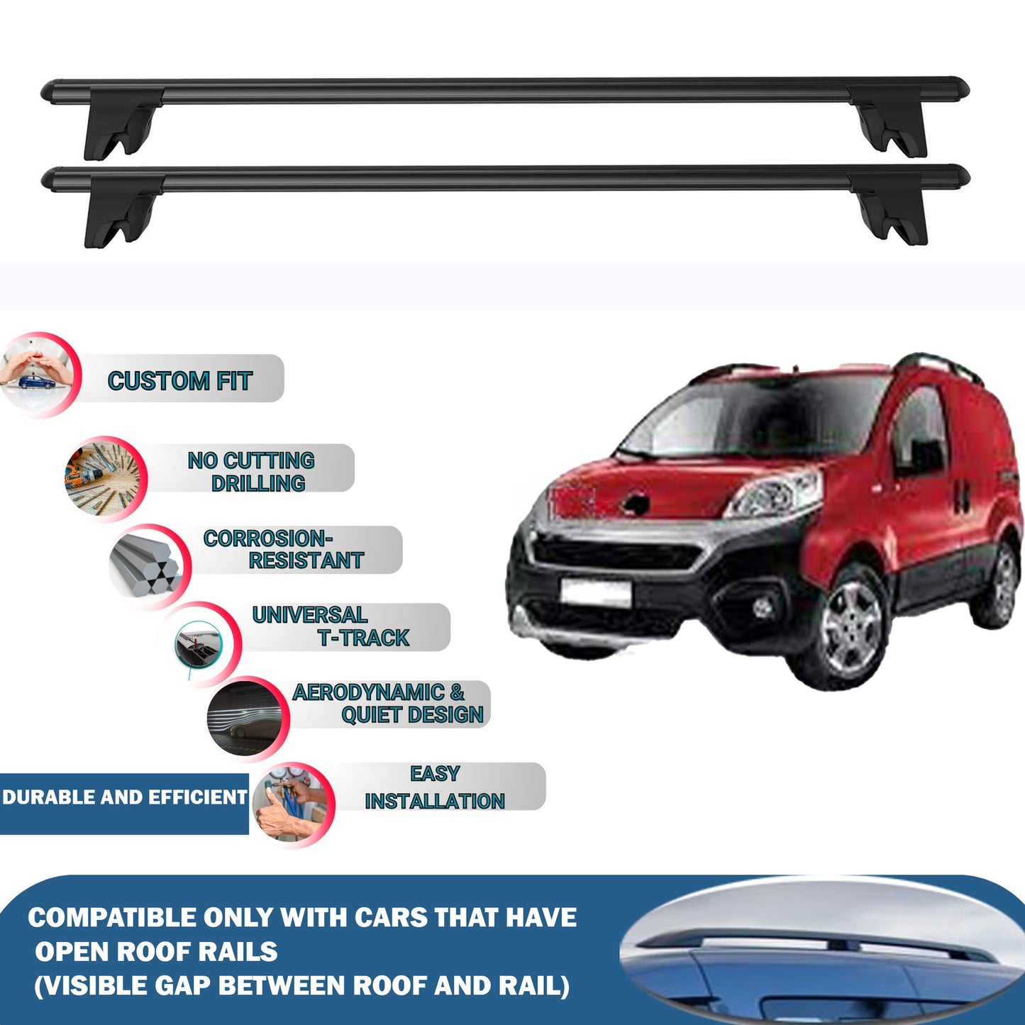Lockable Car Roof Rack Cross Bars for Fiat Fiorino/Qubo Van 2007-2024 4Pcs Black