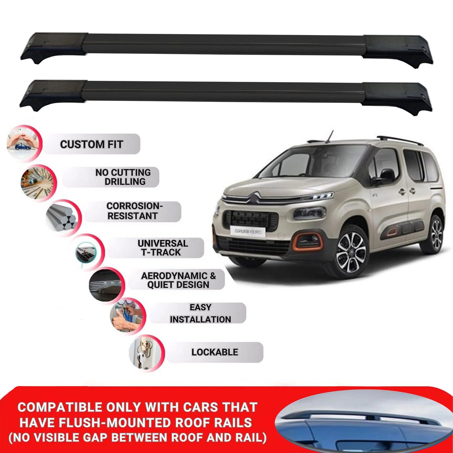 2X Car Roof Rack for Citroen Berlingo K9 2018+ Lockable Roof Bars Black
