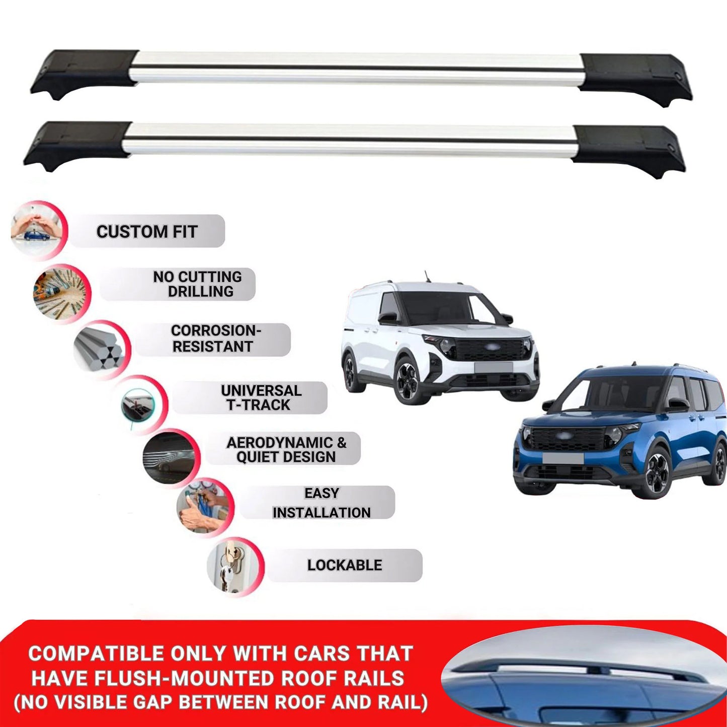 2X Car Roof Rack for Ford Transit Tourneo Courier 2023+ Lockable Roof Bars Grey
