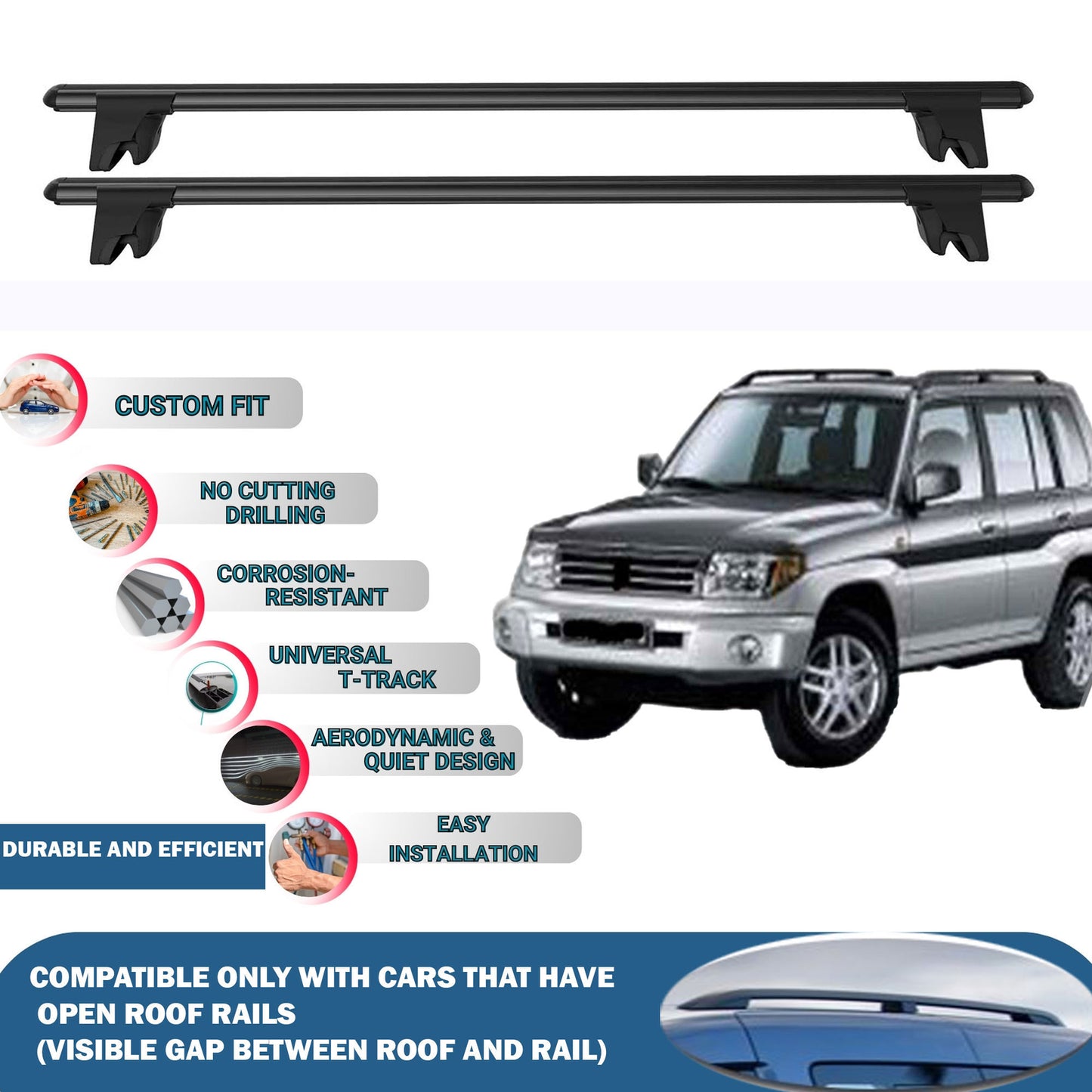 Lockable Roof Rack Cross Bars for Mitsubishi Pajero Sport 5D 1998-2006 | Heavy Duty Rail Carrier 2 Pcs Black