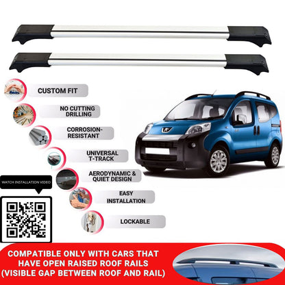 Roof Rack Cross Bars for Peugeot Bipper Tepee 2008+ Lockable Roof Bars 2 Pcs Grey