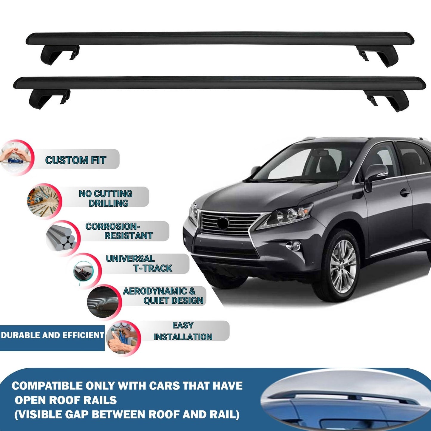 Roof Rack Cross Bars for Lexus Rx 2009-2015 Rail Carrier for Roof Tents 2 Pcs Black