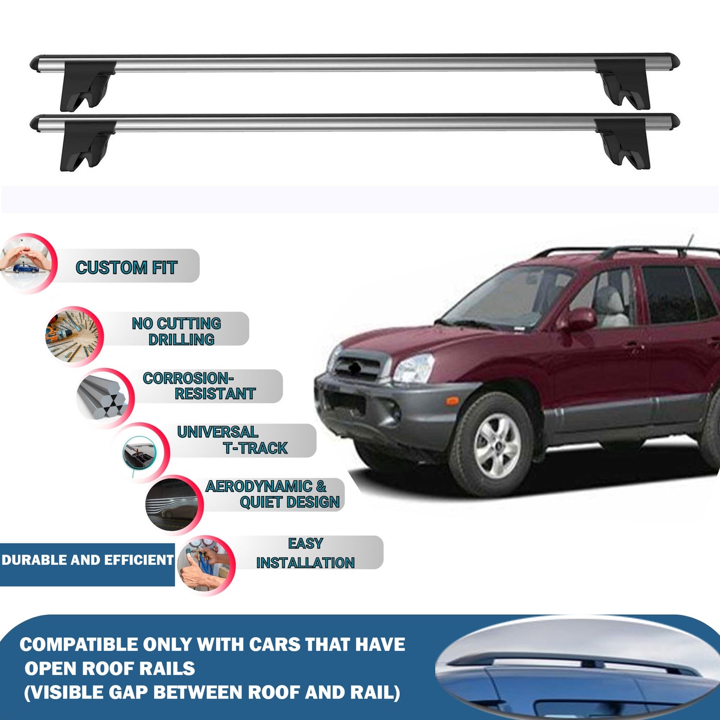 Lockable Roof Rack Cross Bars for Hyundai Santa Fe 2001-2006 | Heavy Duty Rail Carrier 2 Pcs Grey