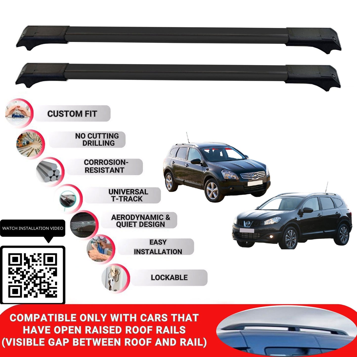 Roof Rack Cross Bars for Nissan Qashqai +2 2008-2014 Lockable Roof Bars 2 Pcs Black