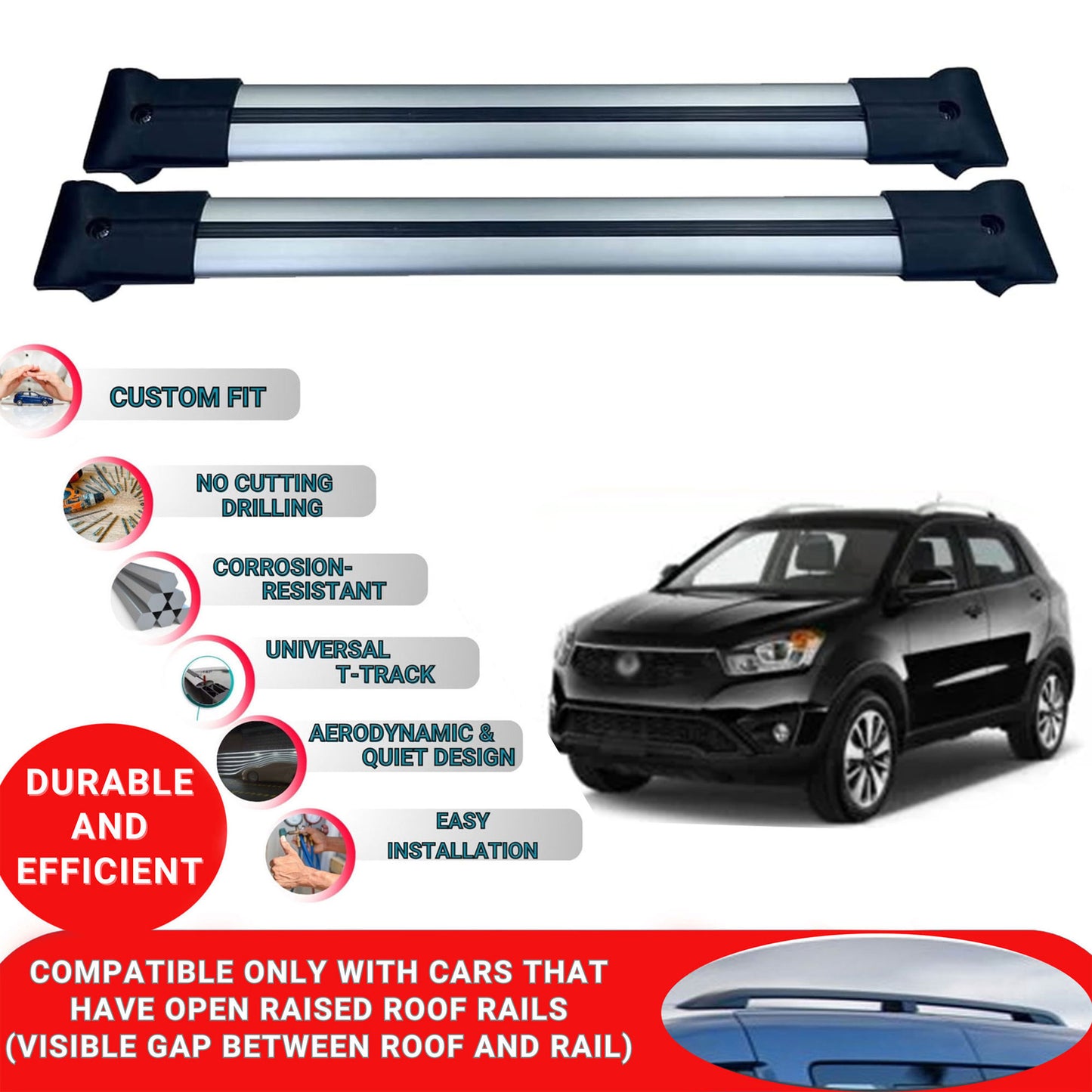 Roof Racks Cross Bars For Ssangyong Korando C200 2010-2019 2 Pcs Grey