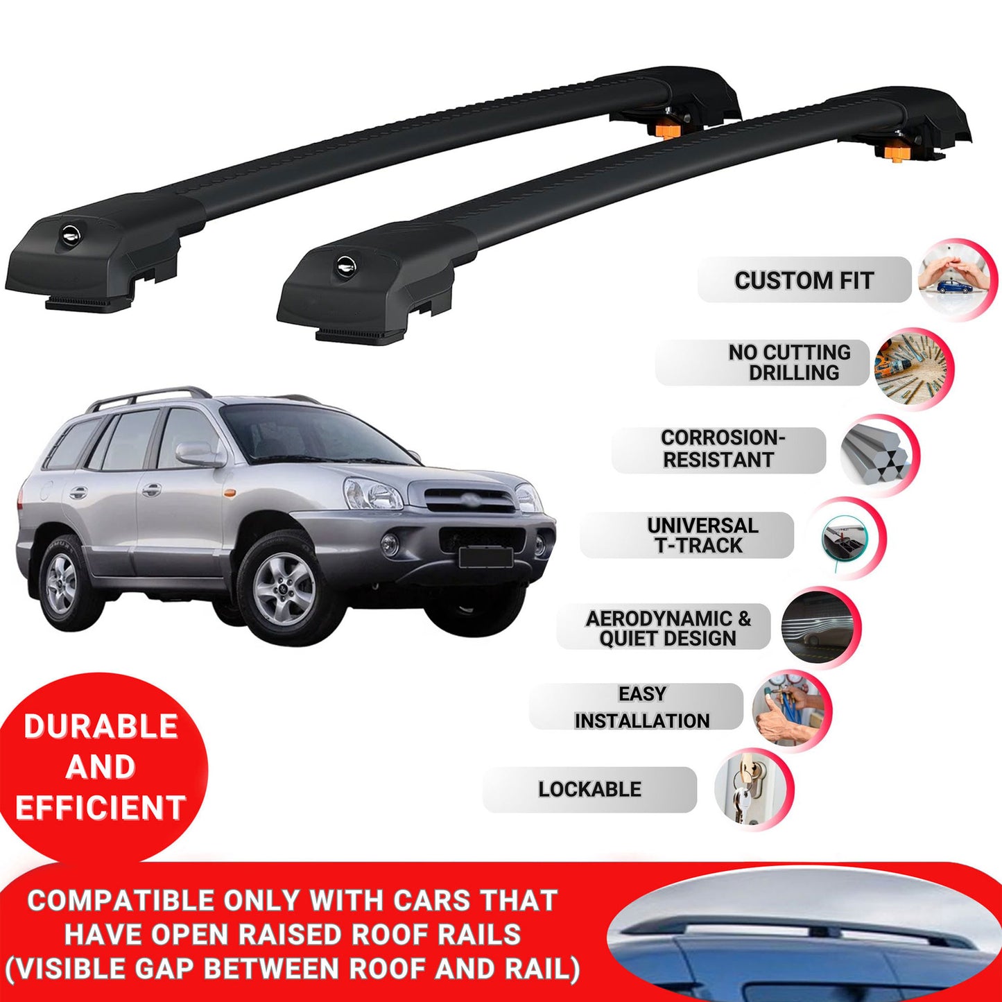 Roof Bar for Hyundai Santa Fe Cm 2007-2012 Lockable Roof Rack Cross Bars 2 Pcs Black