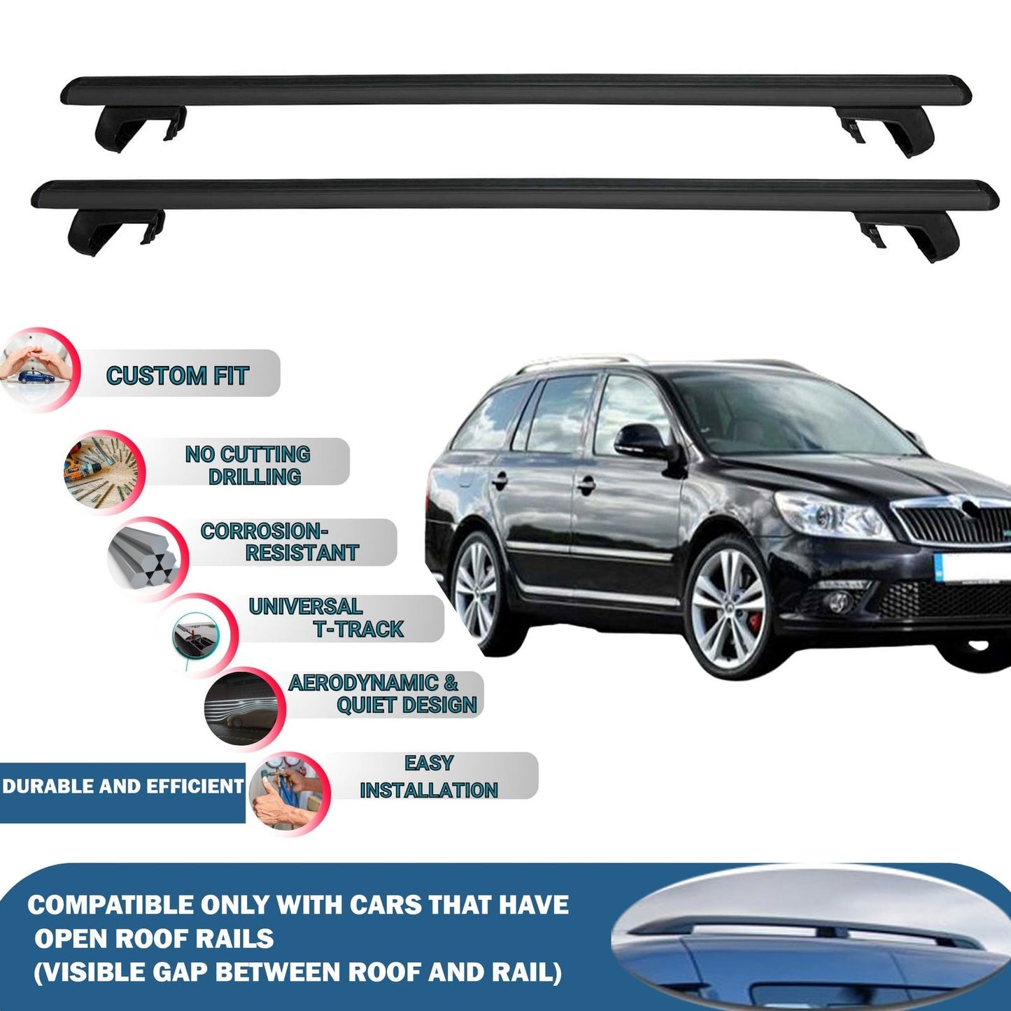 Roof Rack Cross Bars for Skoda Octavia Wagon 2005-2013 Rail Carrier for Roof Tents 2 Pcs Black