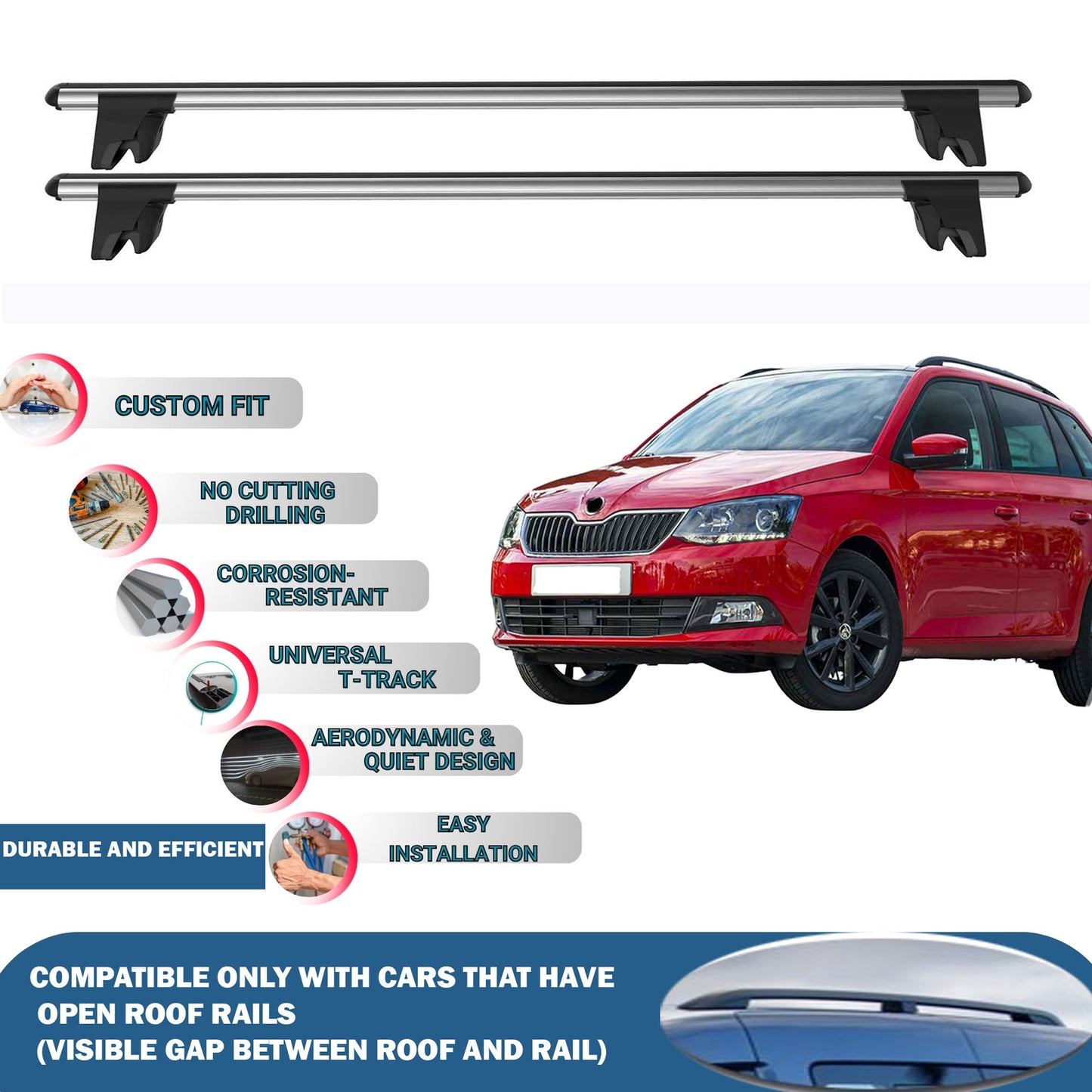 Lockable Roof Rack Cross Bars for Skoda Fabia Wagon 2015-2021 | Heavy Duty Rail Carrier 2 Pcs Grey