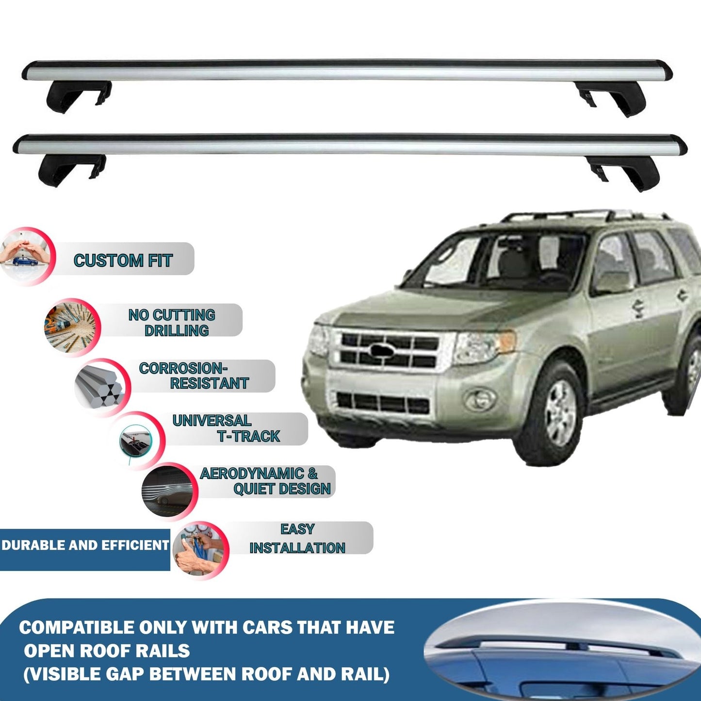 Roof Rack Cross Bars for Ford Escape 2008-2012 Rail Carrier for Roof Tents 2 Pcs Grey