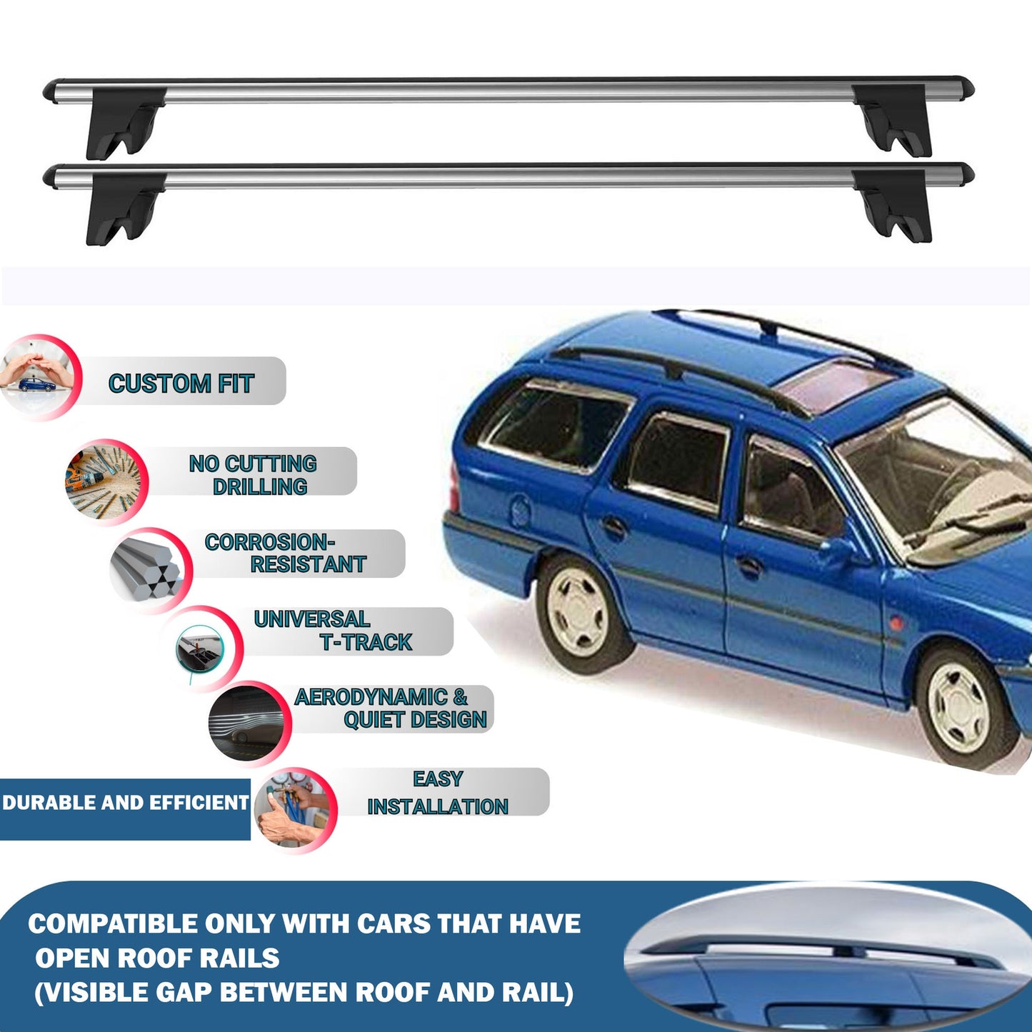Lockable Roof Rack Cross Bars for Ford Mondeo Turnier/Estate 1993-2000 | Heavy Duty Rail Carrier 2 Pcs Grey