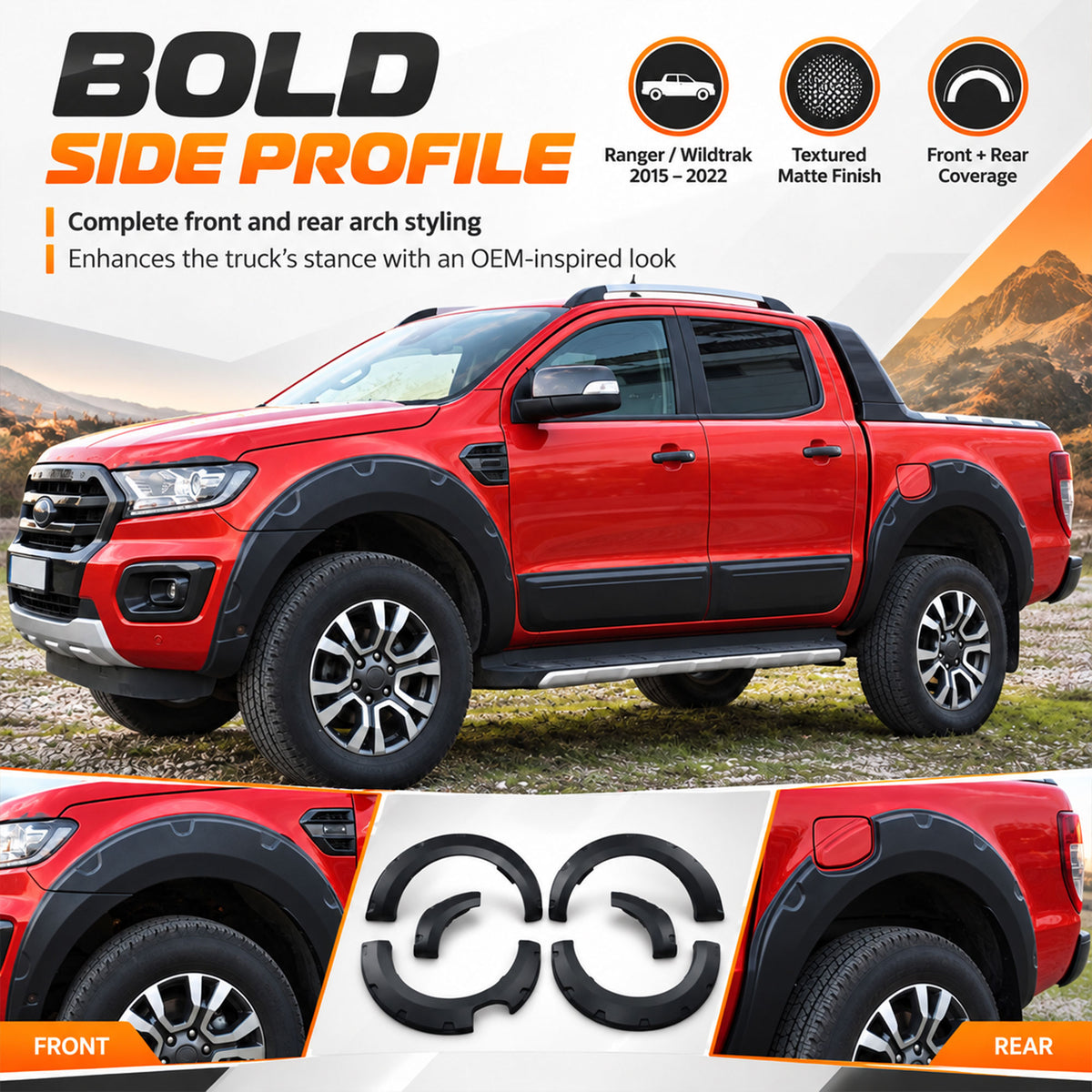 Wheel Arch Trims for Ford Ranger Wildtrak 2015-2022 6pc Black ABS Kit
