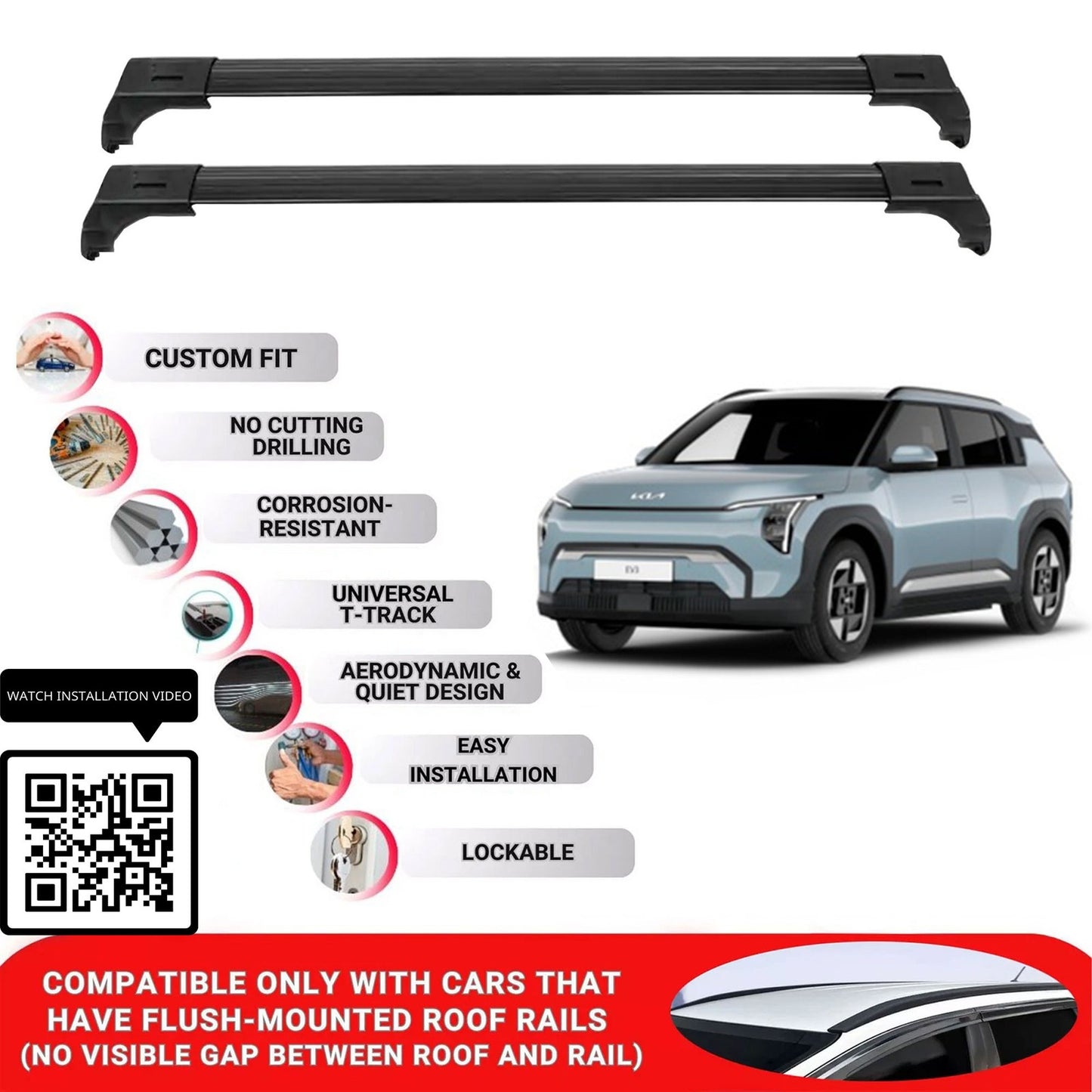 Roof Bars for Kia Ev3 2024+ Lockable Roof Rack Cross Bars 2 Pcs Black