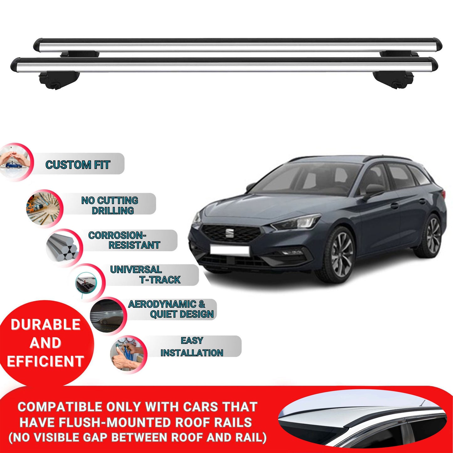 Roof Bars For Seat Leon MK4 Estate 2021-2023 Roof Rack Cross Bars 2 Pcs Grey