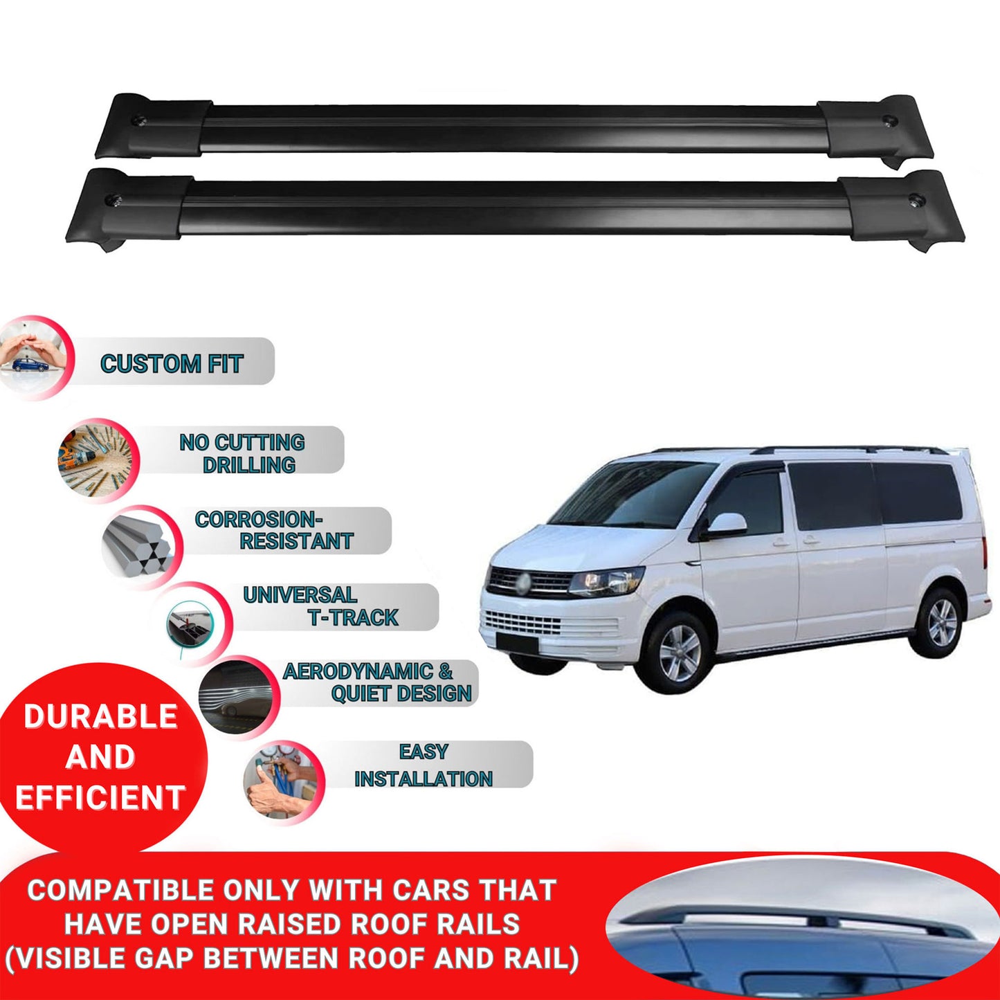 Roof Racks Cross Bars For Vw T6 Transporter 2015-2023 4 Pcs Black