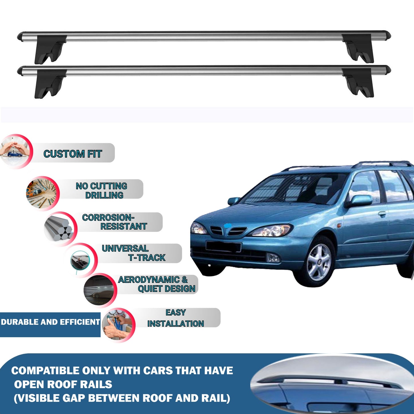 Lockable Roof Rack Cross Bars for Nissan Primera Estate 1996-2003 | Heavy Duty Rail Carrier 2 Pcs Grey
