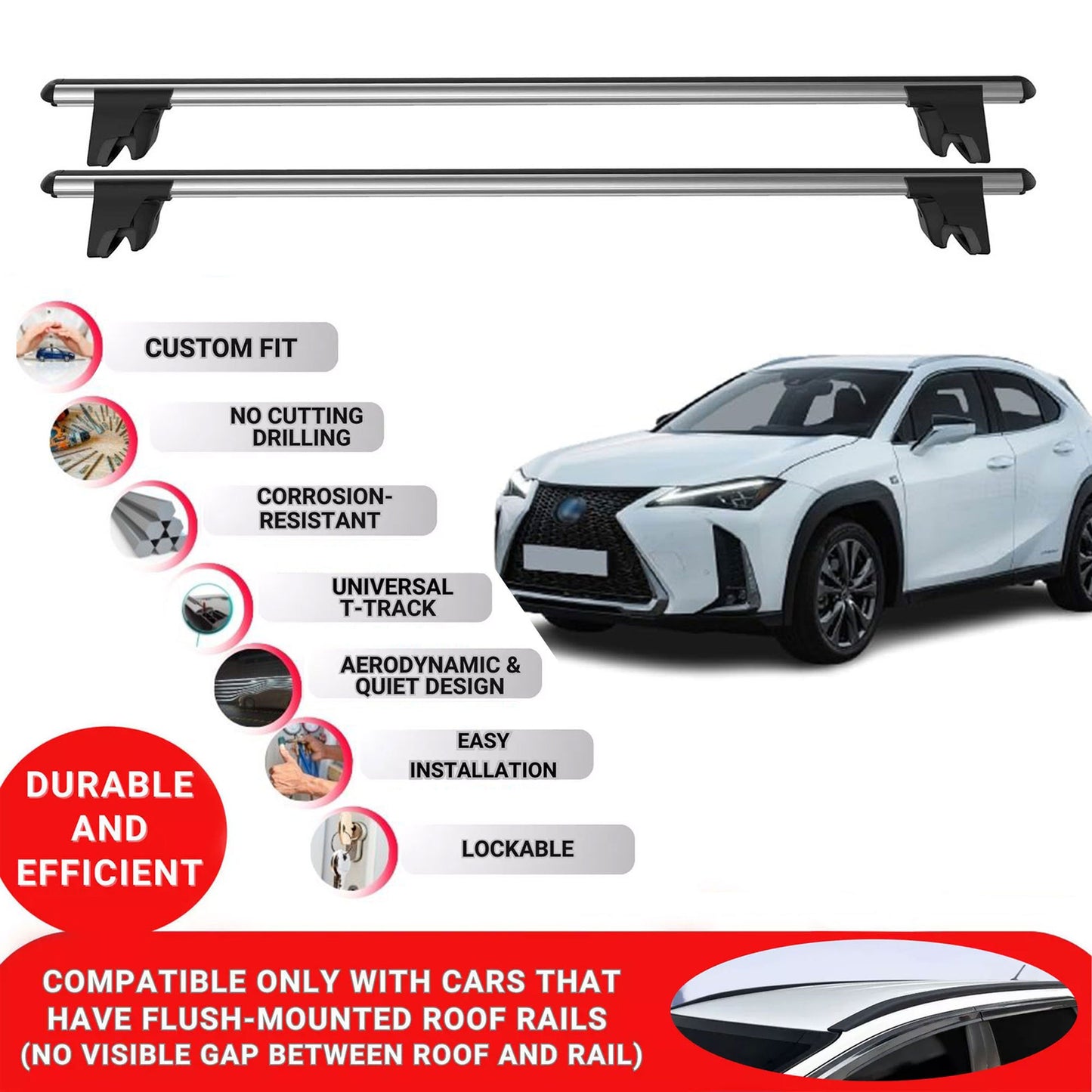 Premium Roof Bars for Lexus Ux 2019-2023; Lockable Roof Rack Cross Bars 2 Pcs Grey