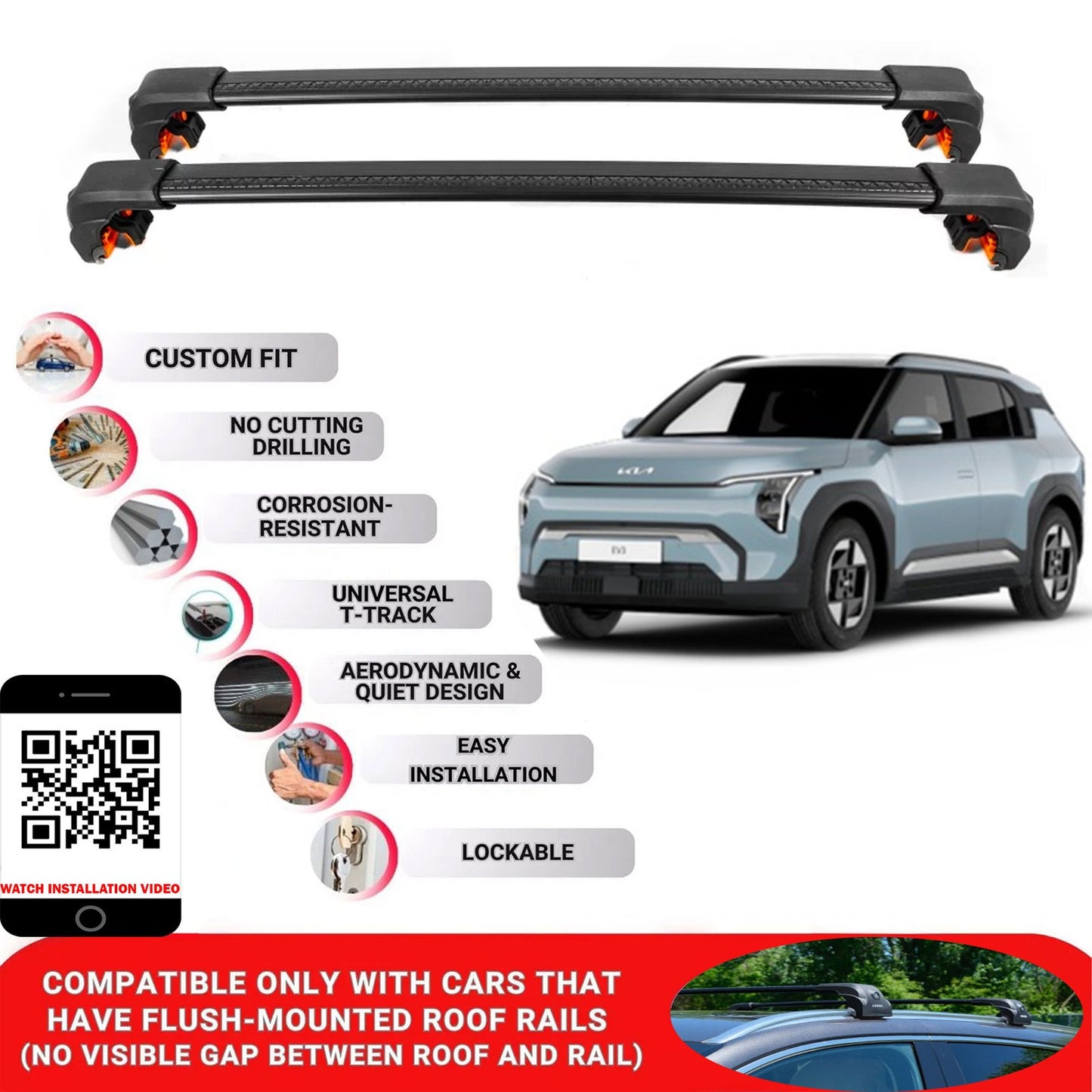 Premium Roof Bars For Kia Ev3 Suv 2024+ Secure Roof Rack Cross Bar 2 Pcss Secure Black