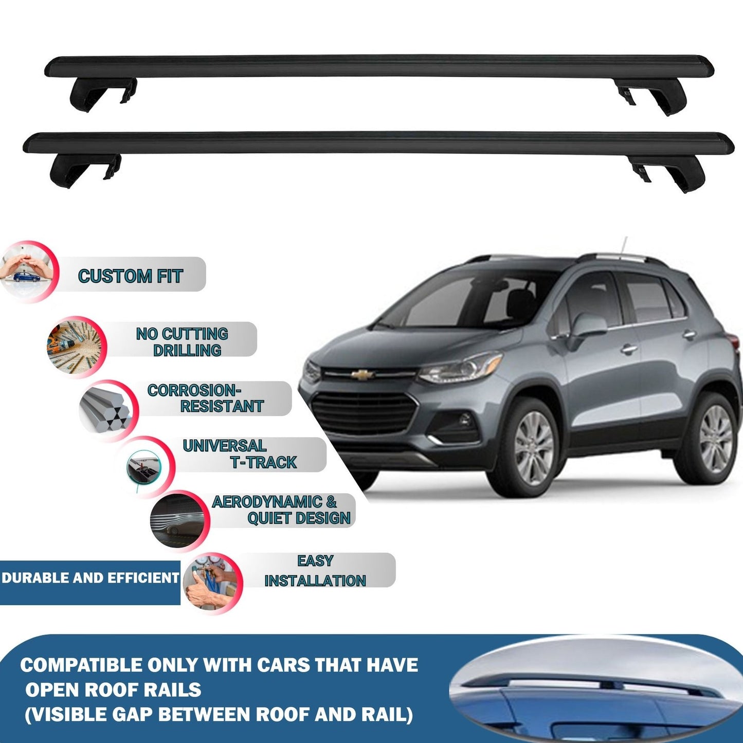 Roof Rack Cross Bars for Chevrolet Trax 2013-2020 Rail Carrier for Roof Tents 2 Pcs Black
