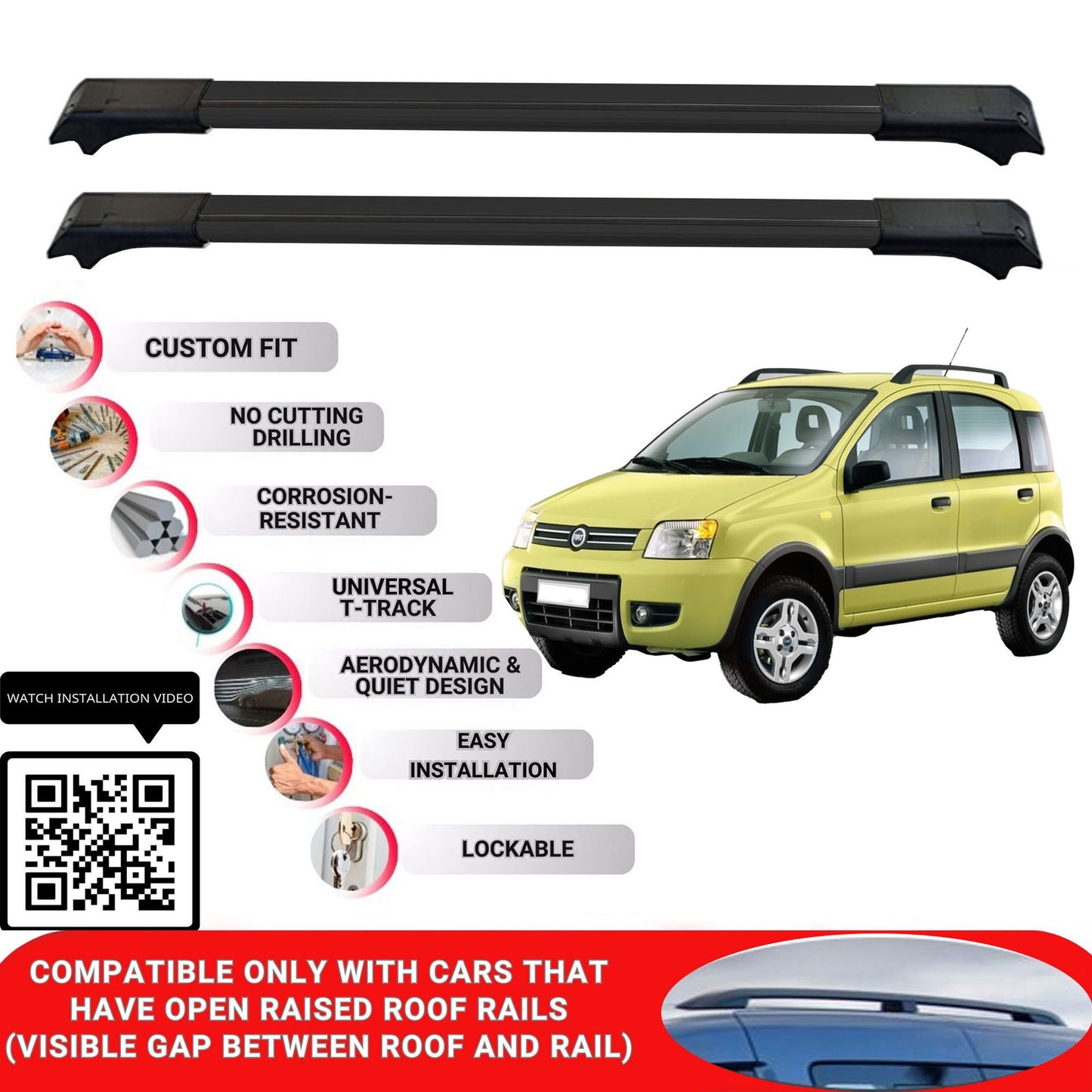 Roof Rack Cross Bars for Fiat Panda 4X4 HB 2004-2011 Lockable Roof Bars 2 Pcs Black