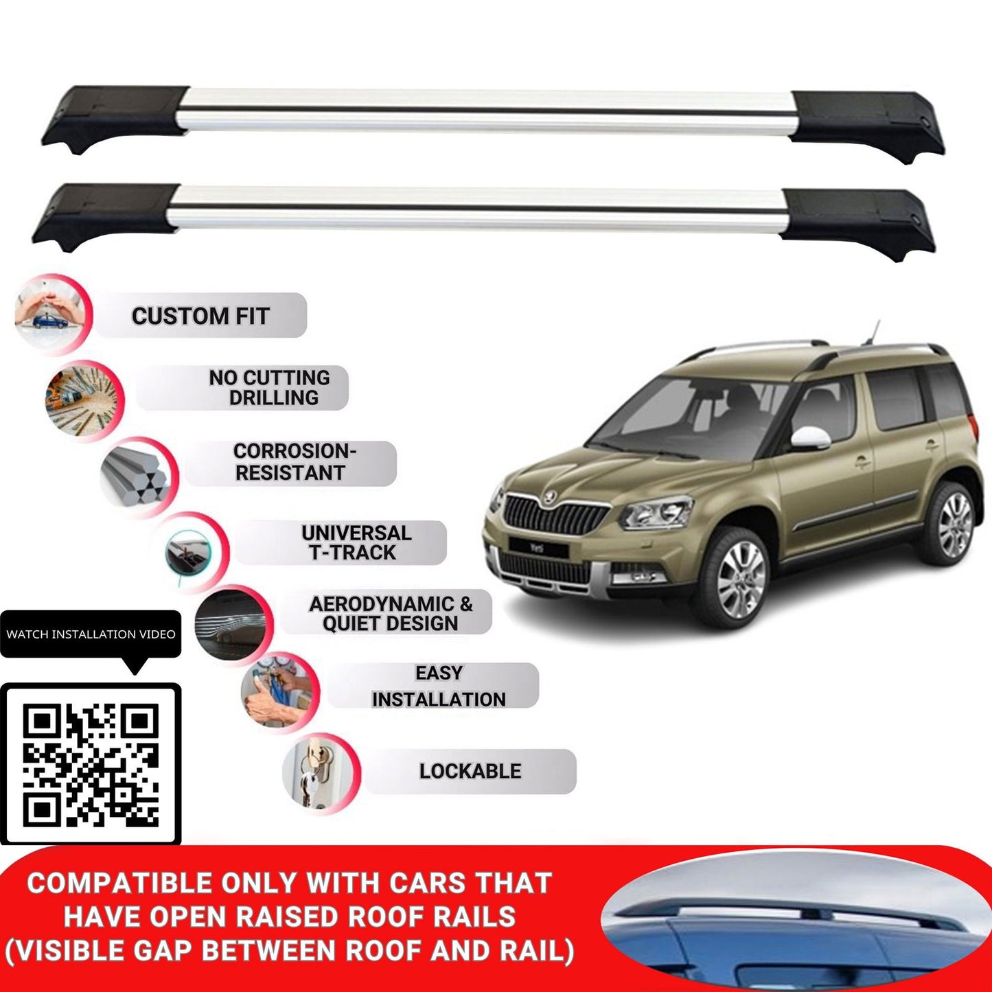 Roof Rack Cross Bars for Skoda Yeti 2009-2017 Lockable Roof Bars 2 Pcs Grey