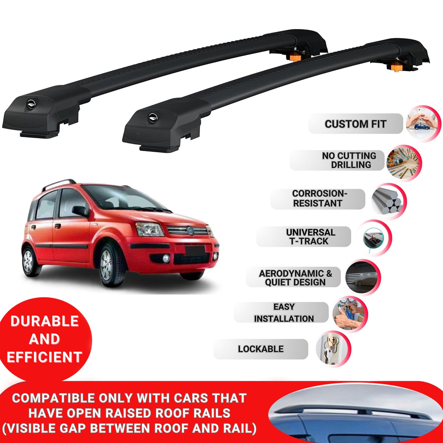 Roof Bar for Fiat Panda (169) 2003-2011 Lockable Roof Rack Cross Bars 2 Pcs Black
