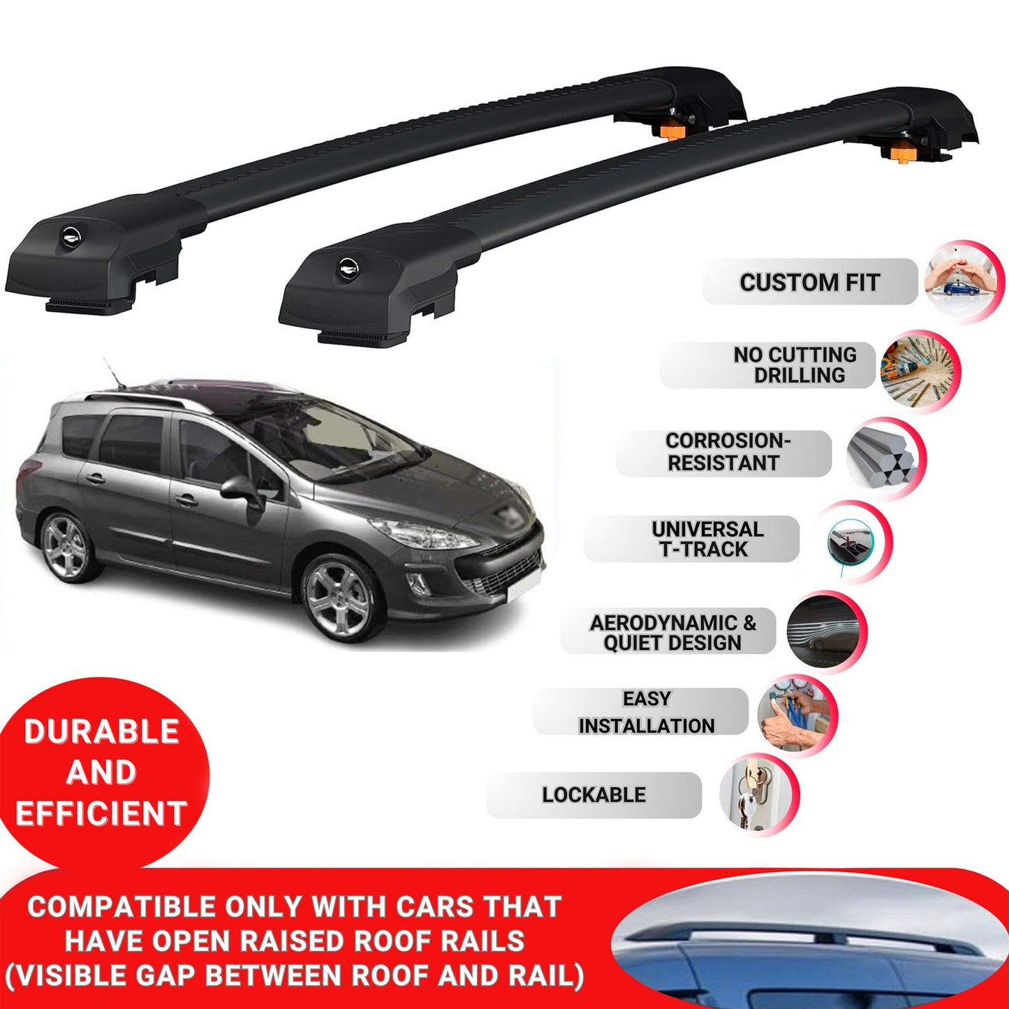 Roof Bar for Peugeot 308 Sw (T7) 2008-2013 Lockable Roof Rack Cross Bars 2 Pcs Black
