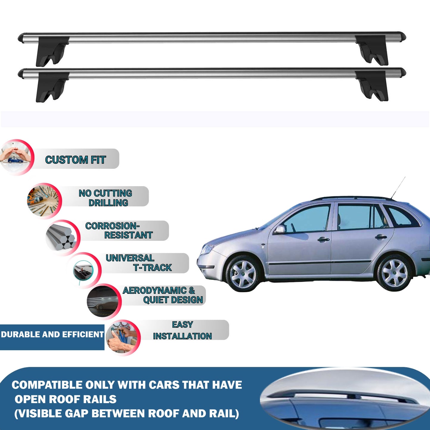 Lockable Roof Rack Cross Bars for Skoda Fabia Wagon 2008-2015 | Heavy Duty Rail Carrier 2 Pcs Grey