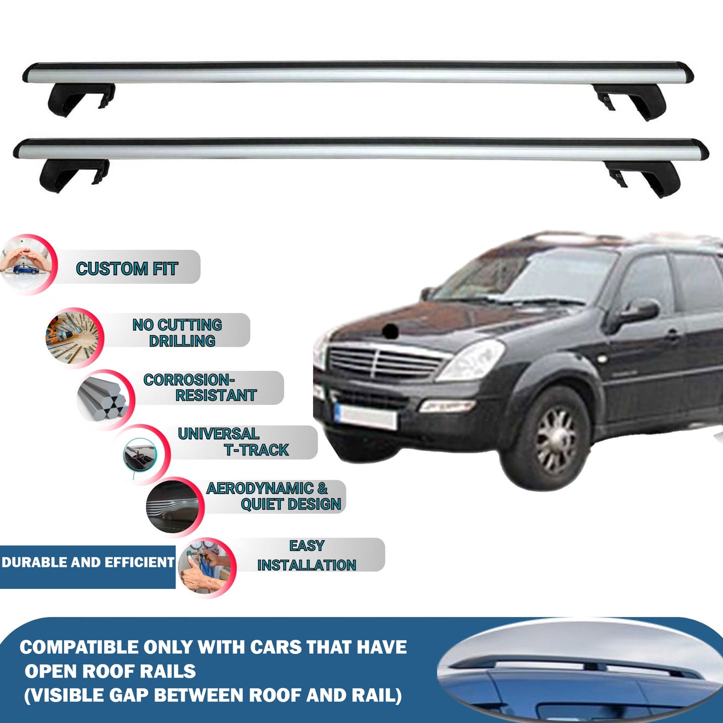 Roof Rack Cross Bars for Ssangyong Rexton 2001-2016 Rail Carrier for Roof Tents 2 Pcs Grey