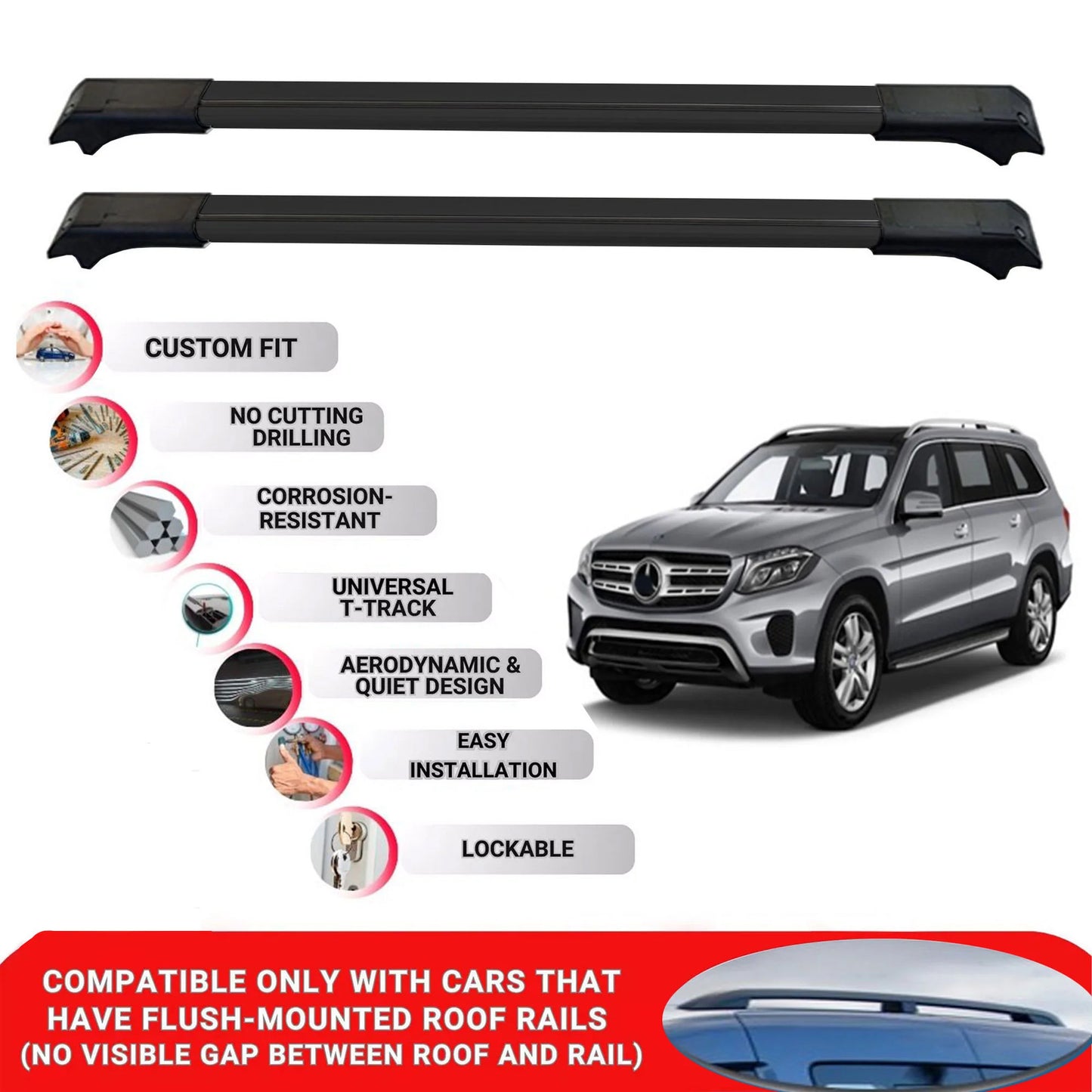 2X Car Roof Rack for Mercedes Gls X166 2016-2019 Lockable Roof Bars Black