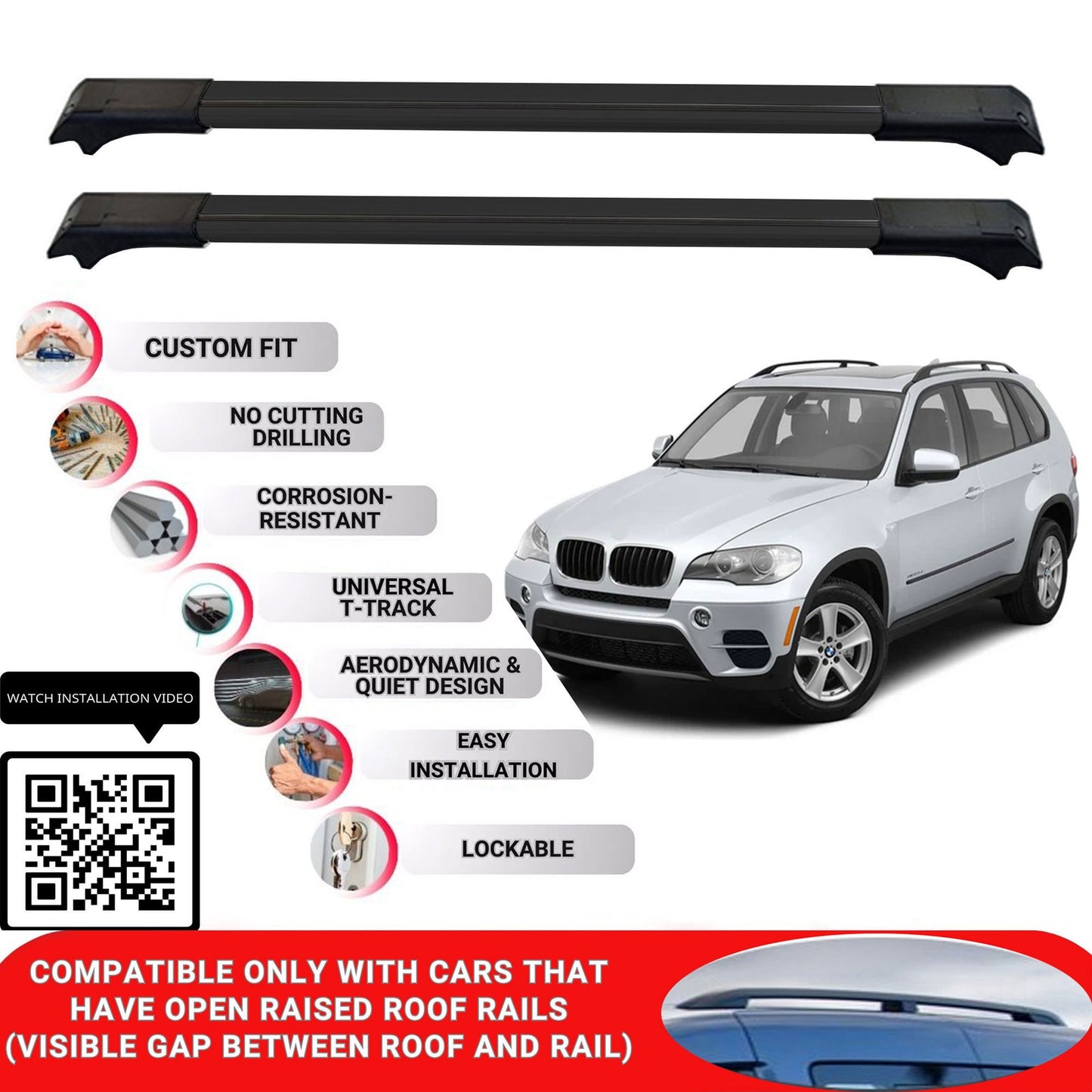 Roof Rack Cross Bars for Bmw X5 E70 2007-2013 Lockable Roof Bars 2 Pcs Black
