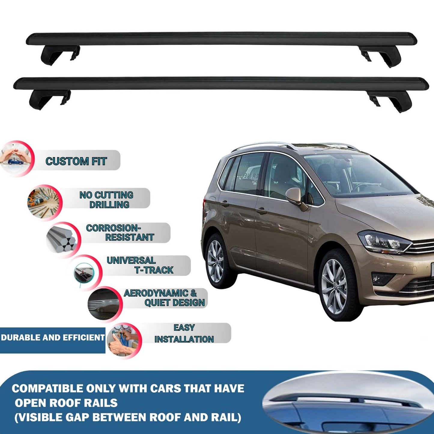 Roof Rack Cross Bars for Volkswagen Golf 7 Sportsvan 2014-2021 Rail Carrier for Roof Tents 2 Pcs Black