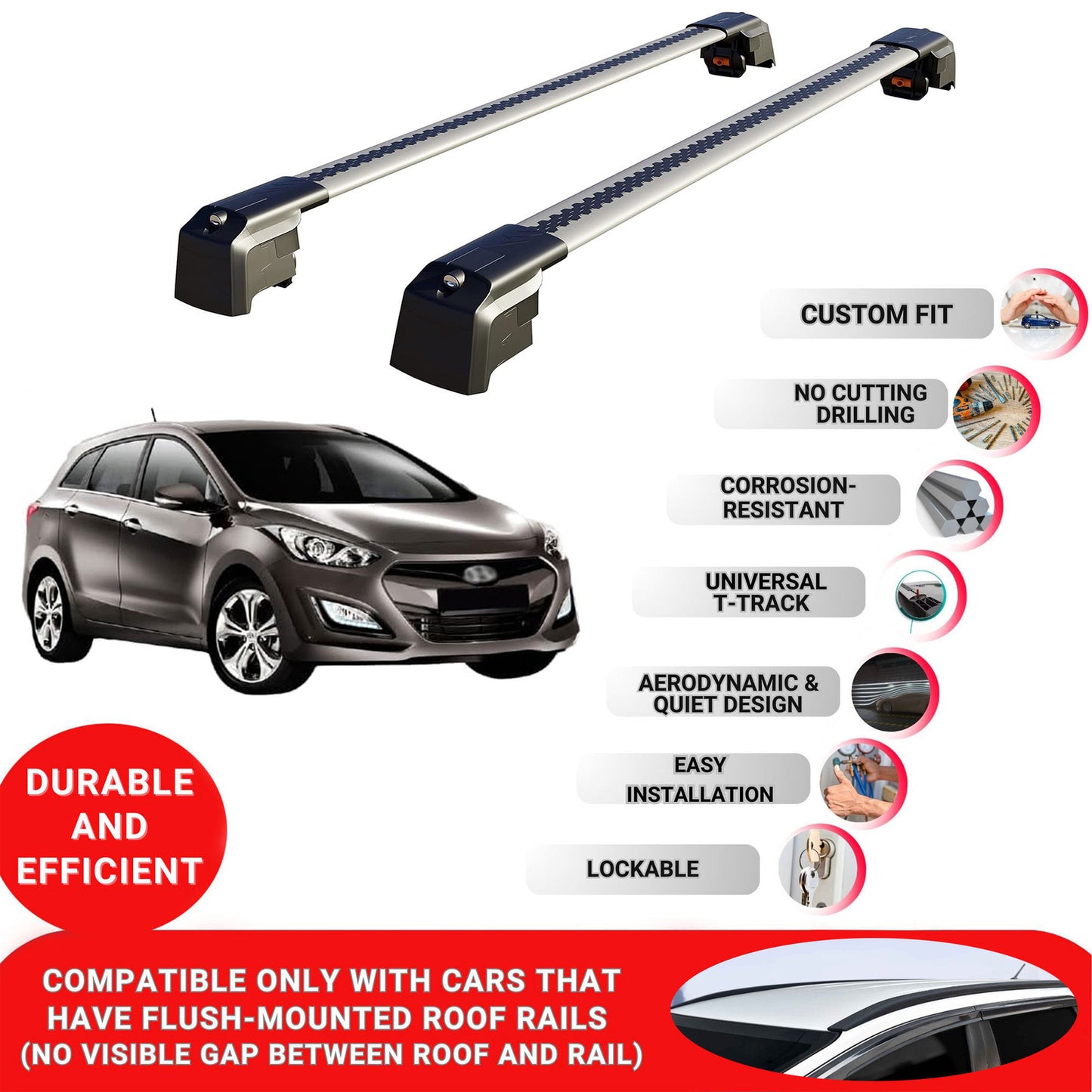 Roof Bars Rack for Hyundai i30 Tourer (GD) 2012-2016 Lockable Rail Carrier 2 Pcs Grey