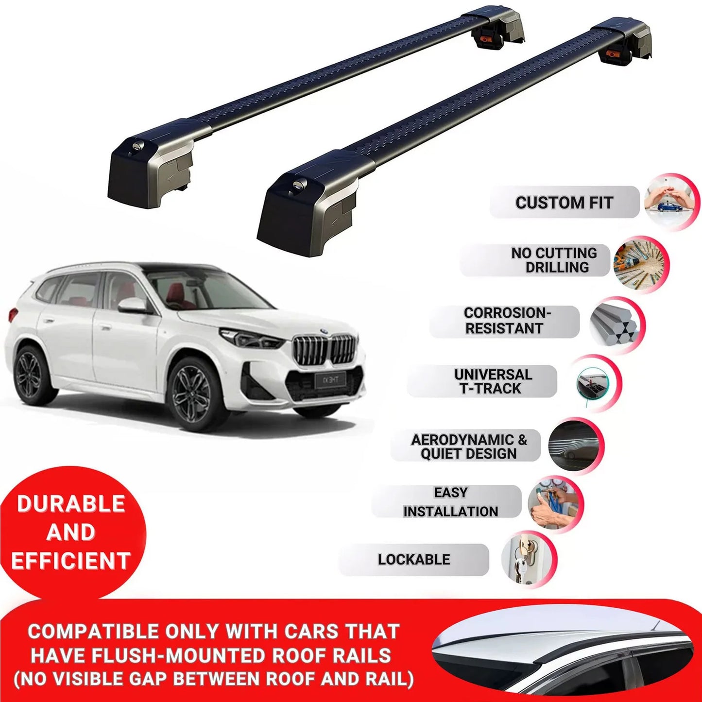 Roof Bars Rack for Bmw X1 U11/U12 2022+ Lockable Rail Carrier 2 Pcs Black