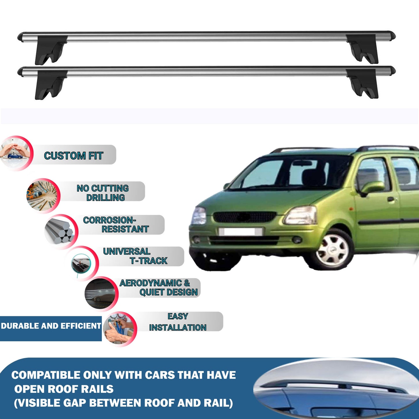 Lockable Roof Rack Cross Bars for Opel Agila 2000-2008 | Heavy Duty Rail Carrier 2 Pcs Grey