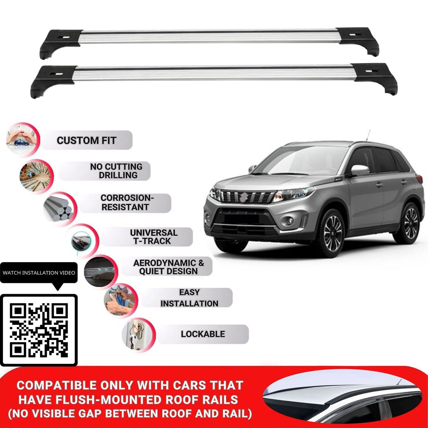 Roof Bars for Suzuki Vitara 2015+ Lockable Roof Rack Cross Bars 2 Pcs Grey
