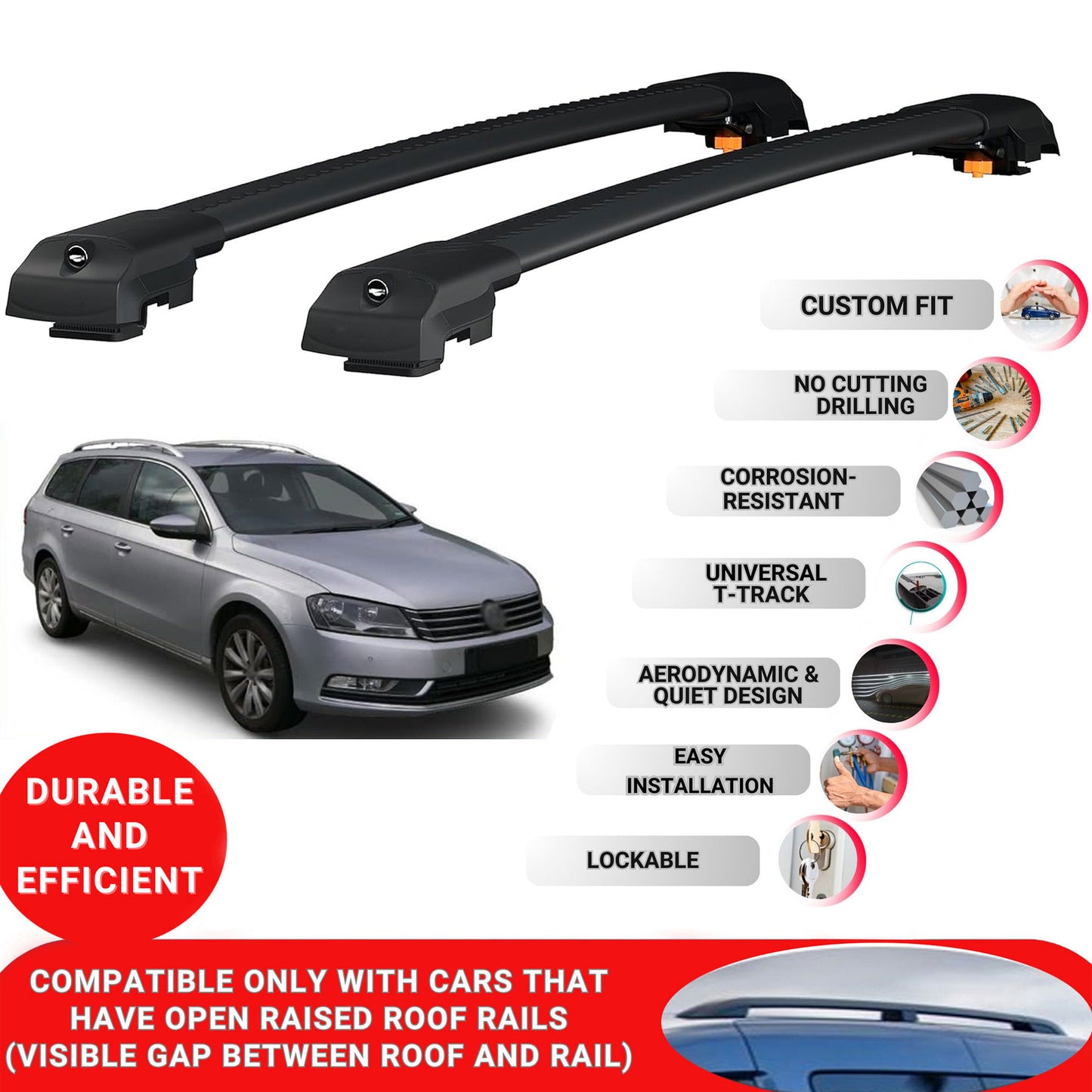 Roof Bar for Volkswagen Passat B7 2010-2014 Lockable Roof Rack Cross Bars 2 Pcs Black