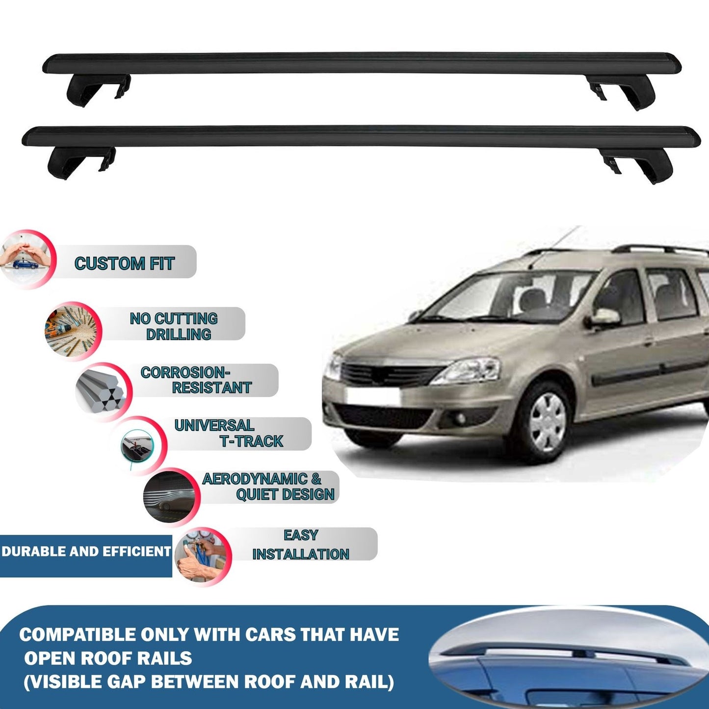 Roof Rack Cross Bars for Dacia Logan Mcv 5D 2007-2013 Rail Carrier for Roof Tents 2 Pcs Black