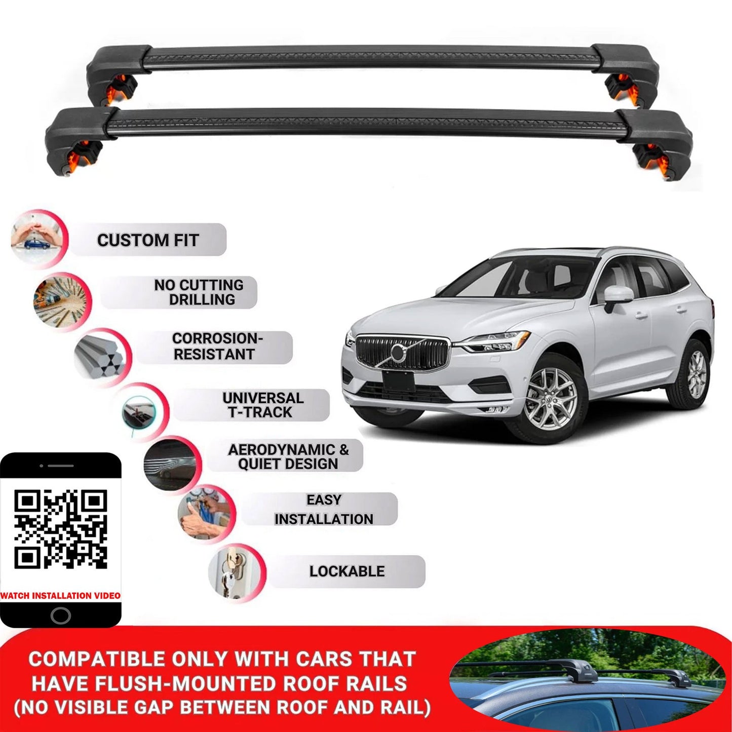 Premium Roof Bars For Volvo Xc60 Suv 2018+ Secure Roof Rack Cross Bar 2 Pcss Black